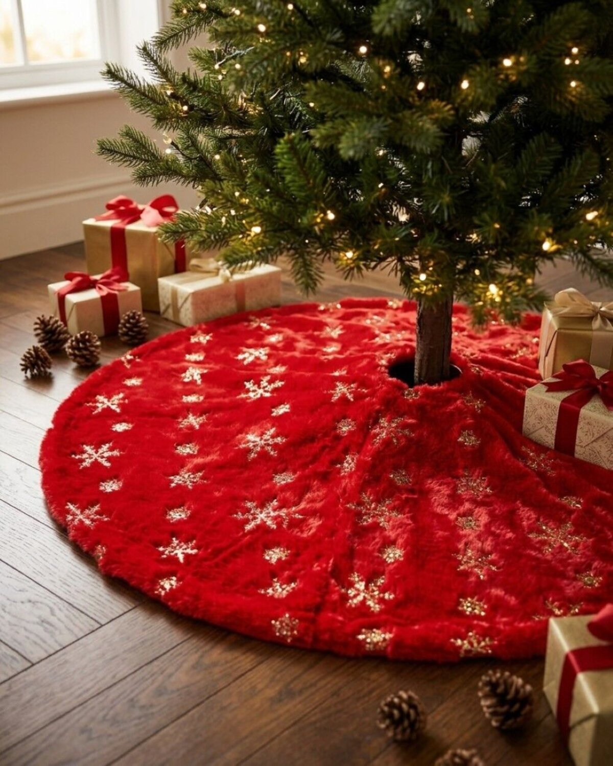 1m Red Plush Faux Fur & Gold Sequin Snowflake Christmas Tree Skirt — image 2