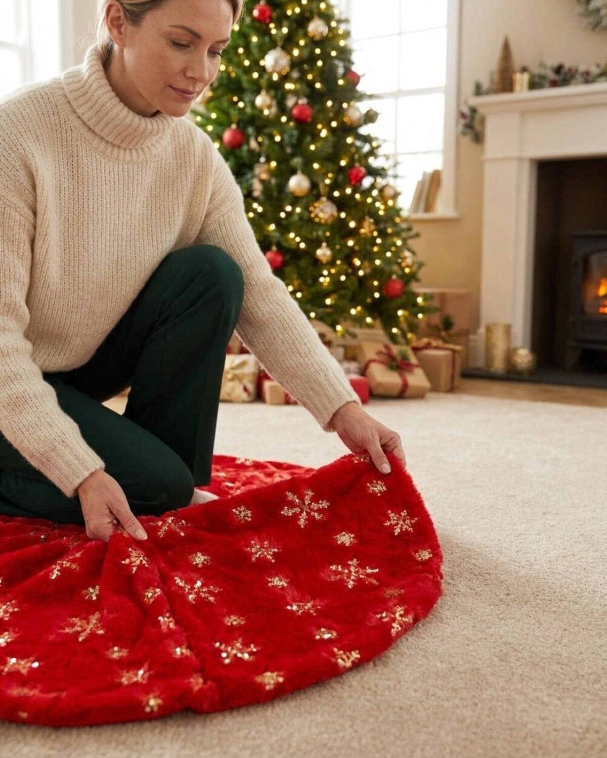1m Red Plush Faux Fur & Gold Sequin Snowflake Christmas Tree Skirt — image 3