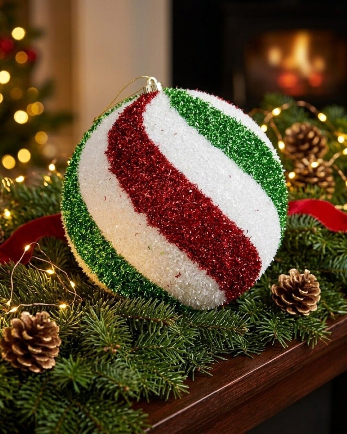 Red Green & White Tinsel Swirl Whimsical Large Display Bauble | 25cm — image 2