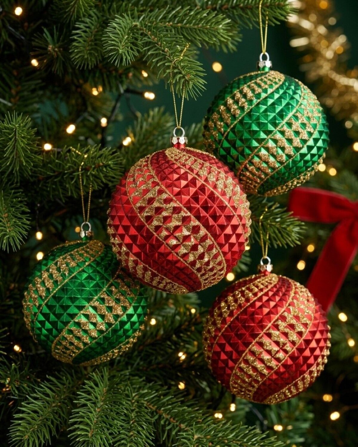 4x Dynamic Red & Green Signature Durian Gold Swirl Baubles | 10cm — image 2