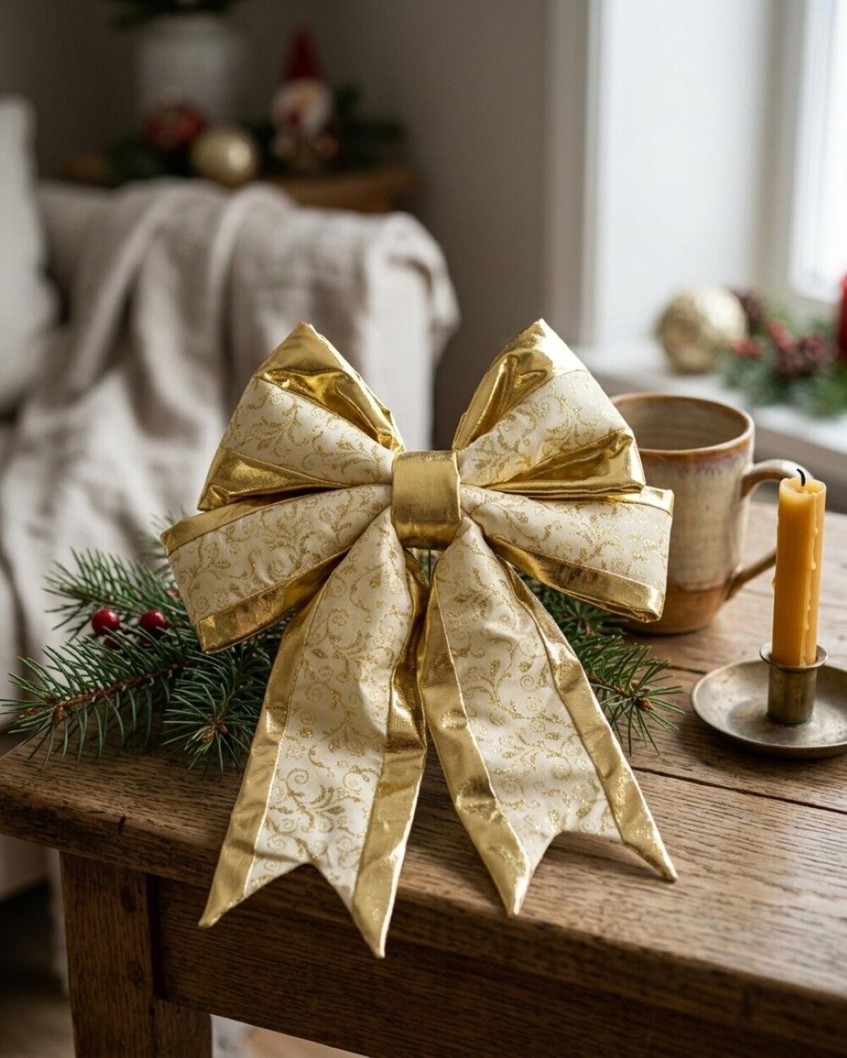 50cm Champagne & Gold Glitter Floral Pattern Monumental Bow — image 4