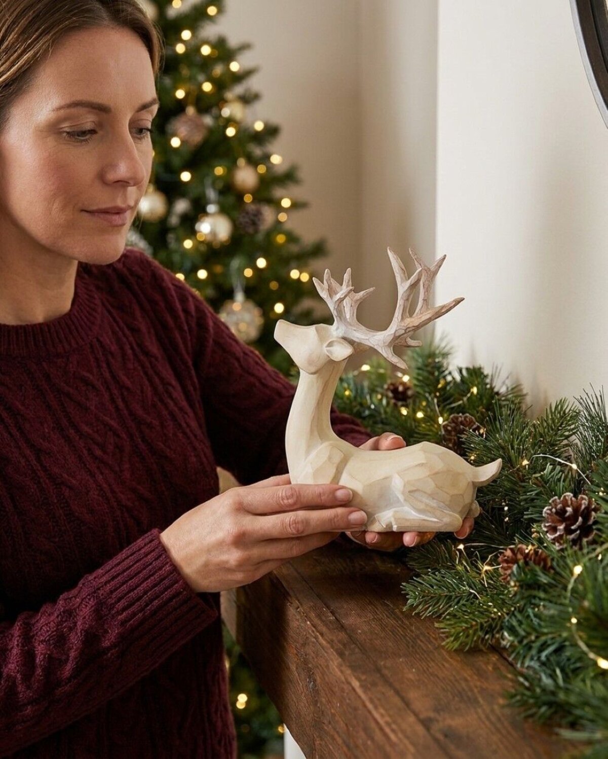21cm Carved Wood Style Sitting Reindeer Resin Figurine — image 3