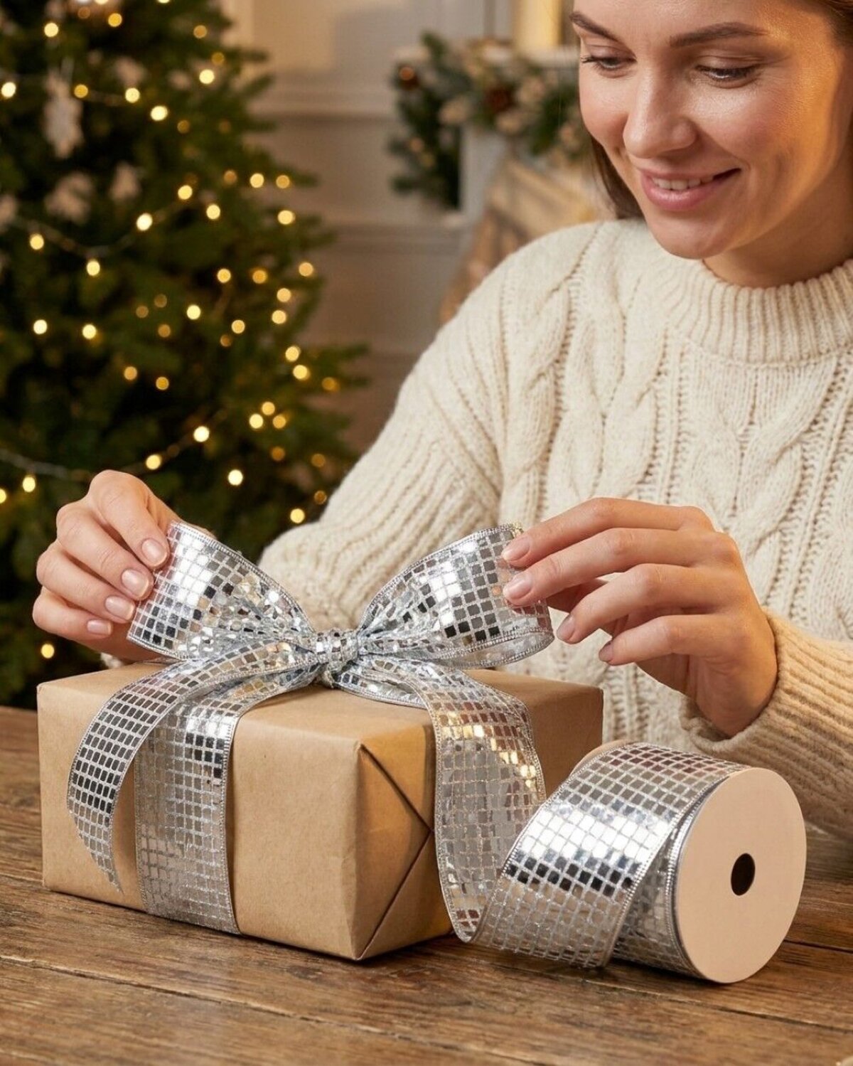 Wired Silver Glitter Sheer Ribbon Reflective Mirror Ball | 10m x 10cm — image 3