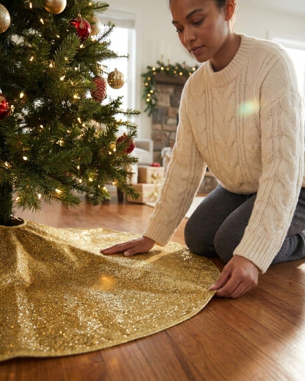 1.2m Metallic Gold Sequin & Glitter Starburst Christmas Tree Skirt — image 3