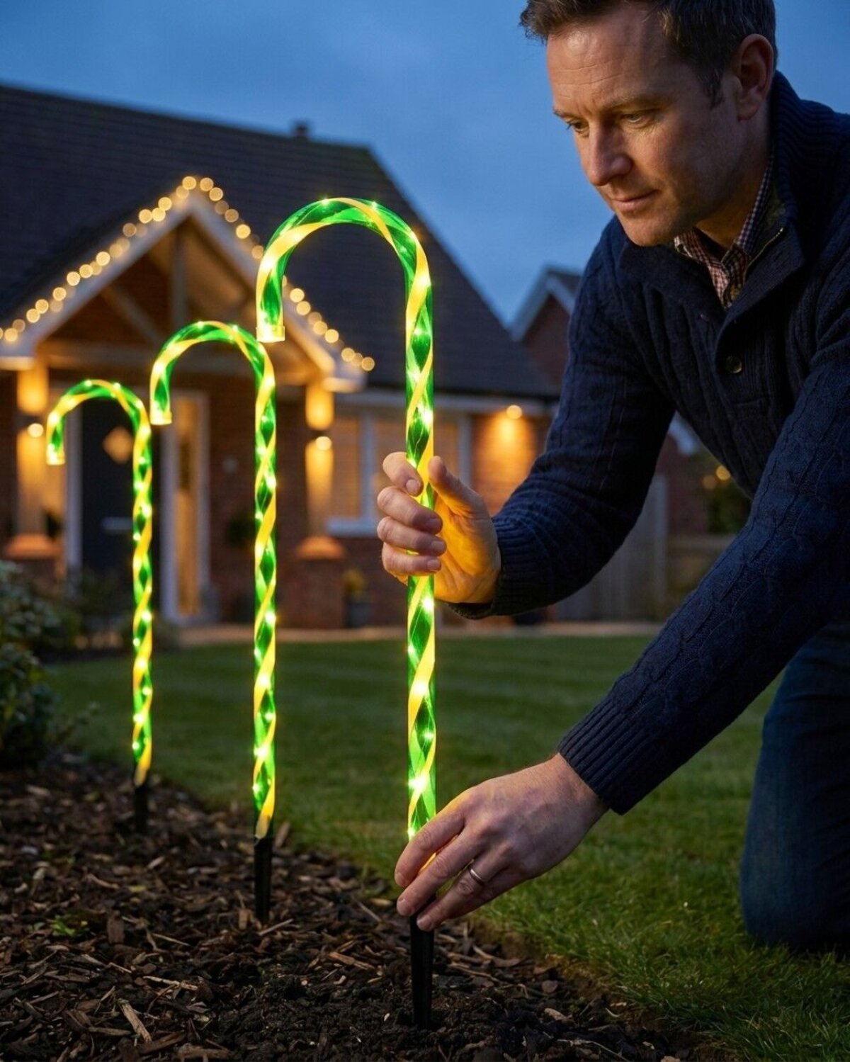 4x LED Christmas Candy Cane Path Lights - Green & White Garden Stakes | 80cm — image 3