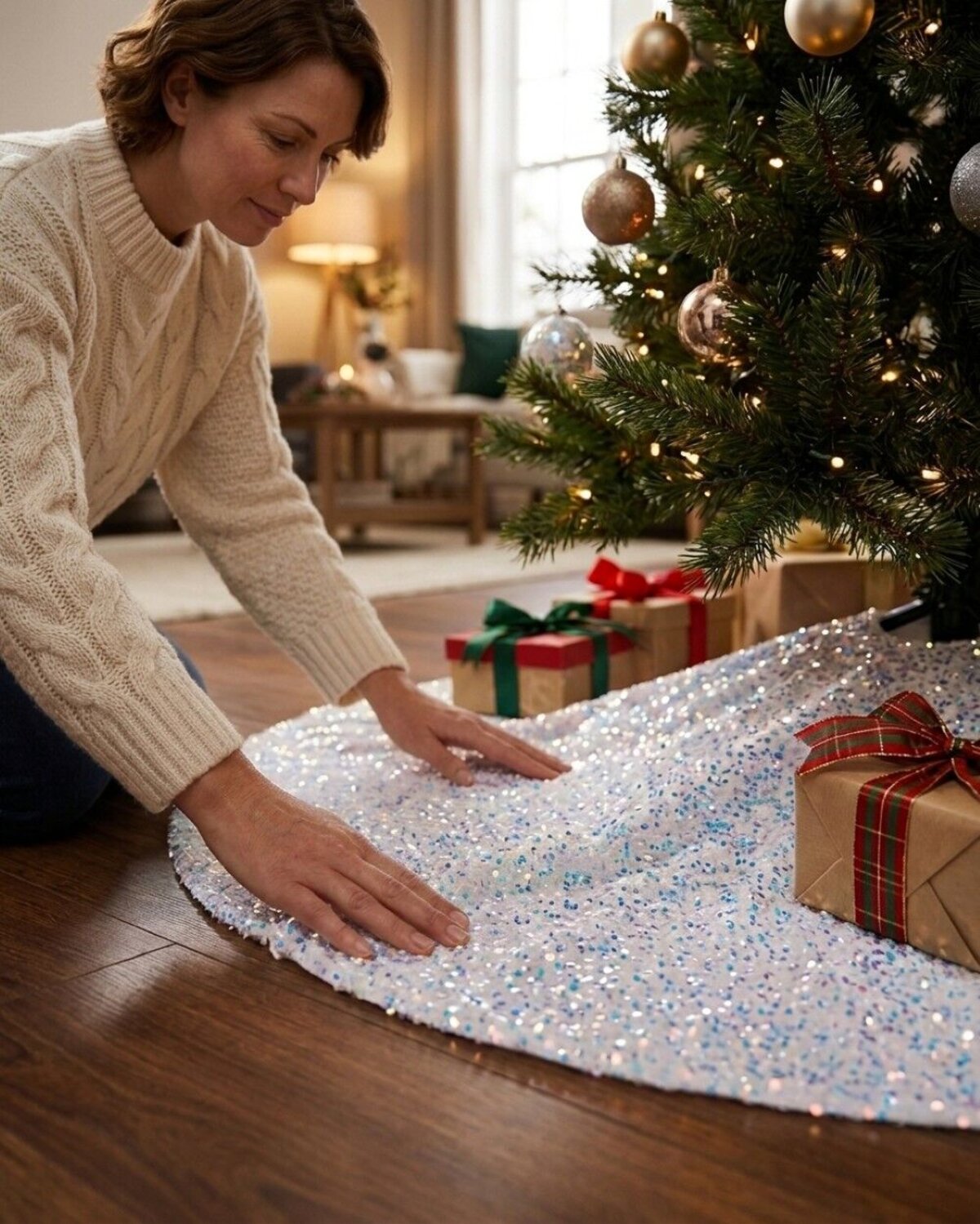 1m White Plush Faux Suede & Iridescent Sequin Christmas Tree Skirt — image 3