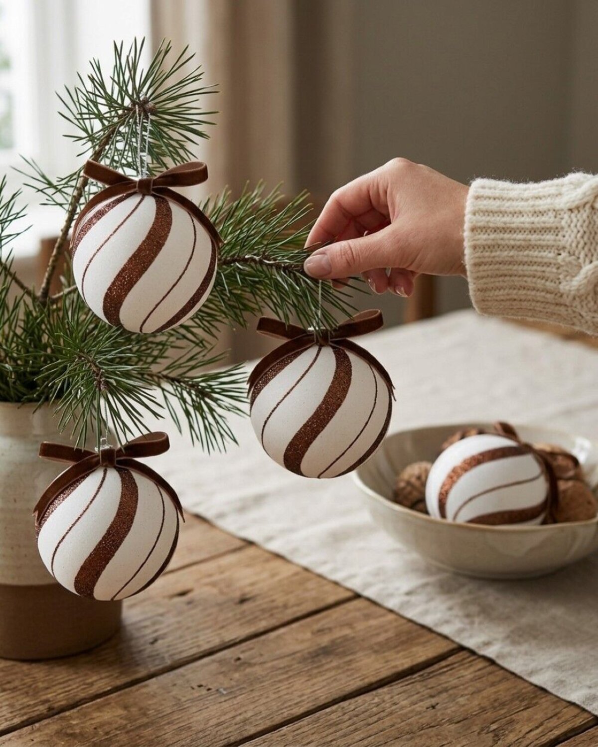 4x Whimsical White & Brown Signature Candy Swirl Baubles | 10cm — image 4