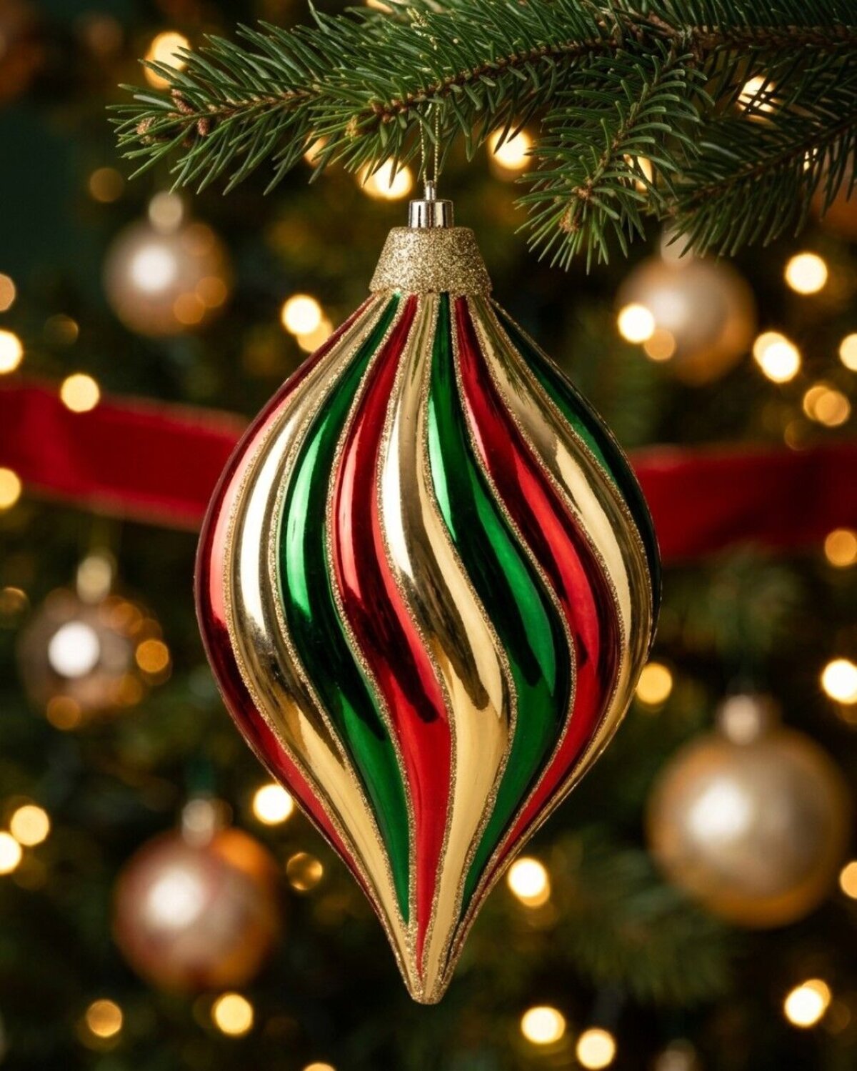 Red Green & Gold Stripe Whimsical Monumental Onion Drop | 28cm — image 2