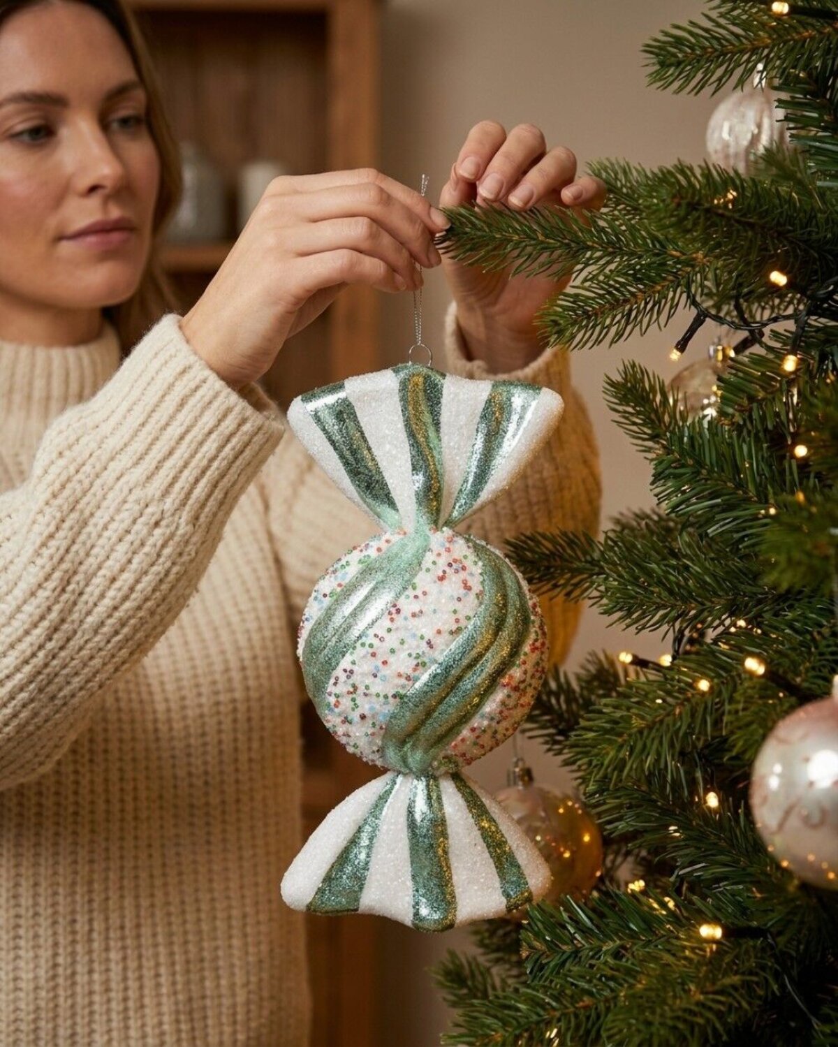 Teal & White Wrapped Sugar Ball Whimsical Statement Ornament | 27cm — image 3