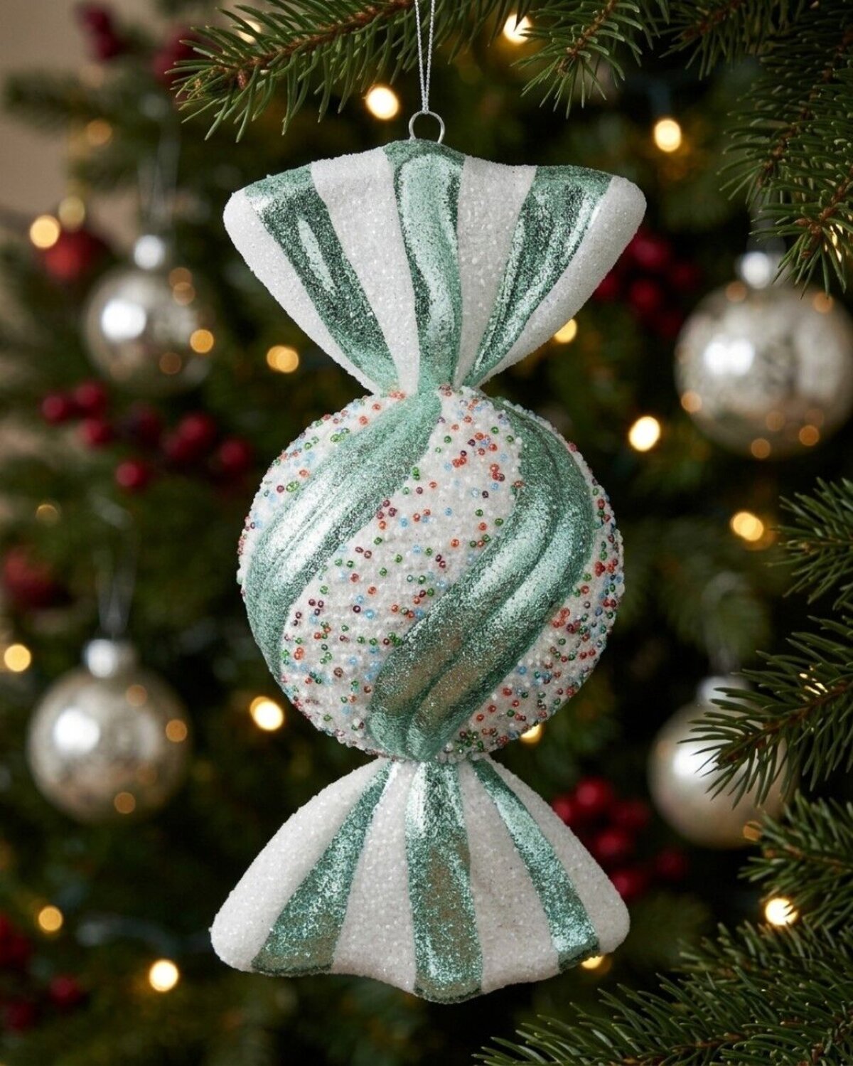 Teal & White Wrapped Sugar Ball Whimsical Statement Ornament | 27cm — image 2