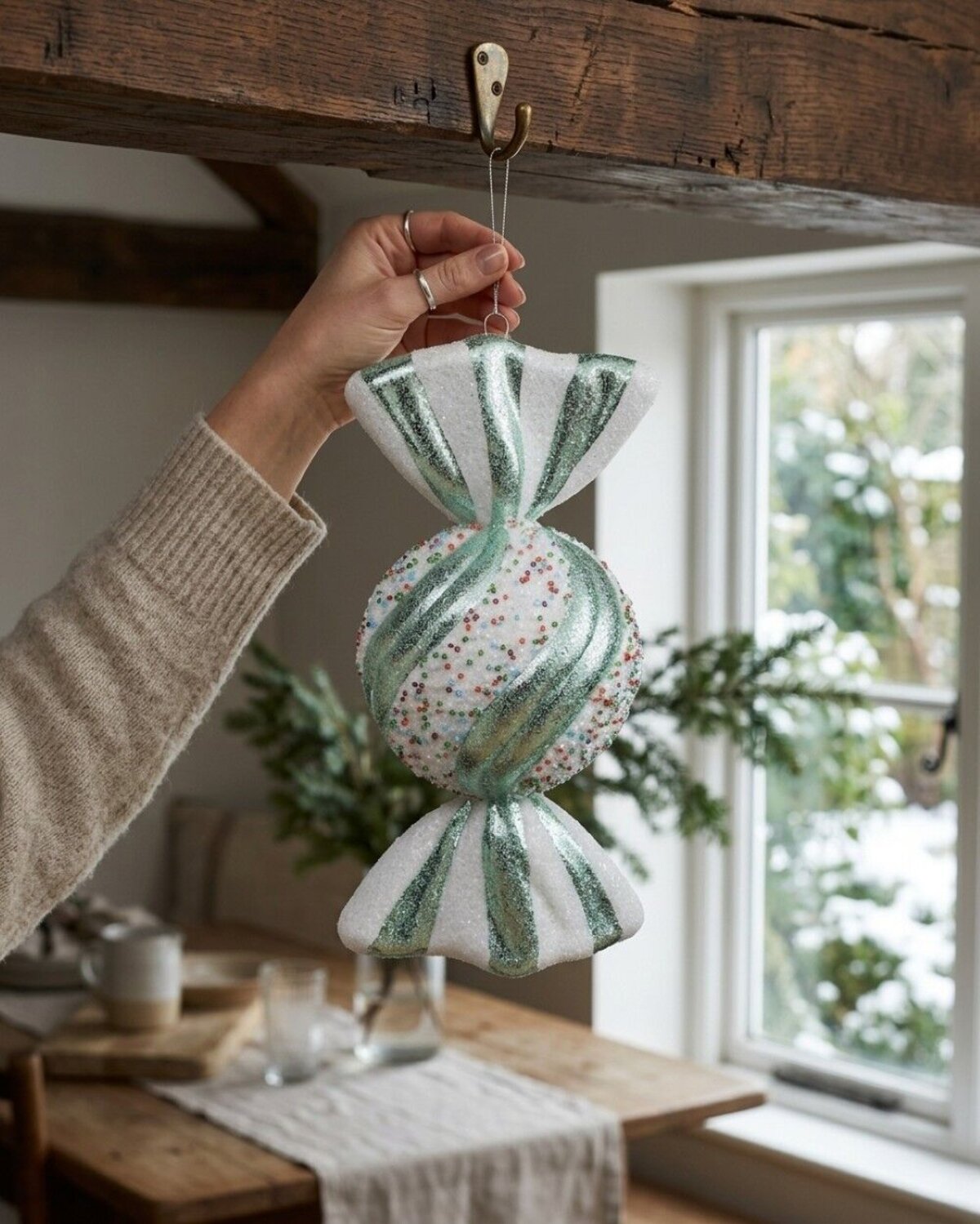 Teal & White Wrapped Sugar Ball Whimsical Statement Ornament | 27cm — image 4