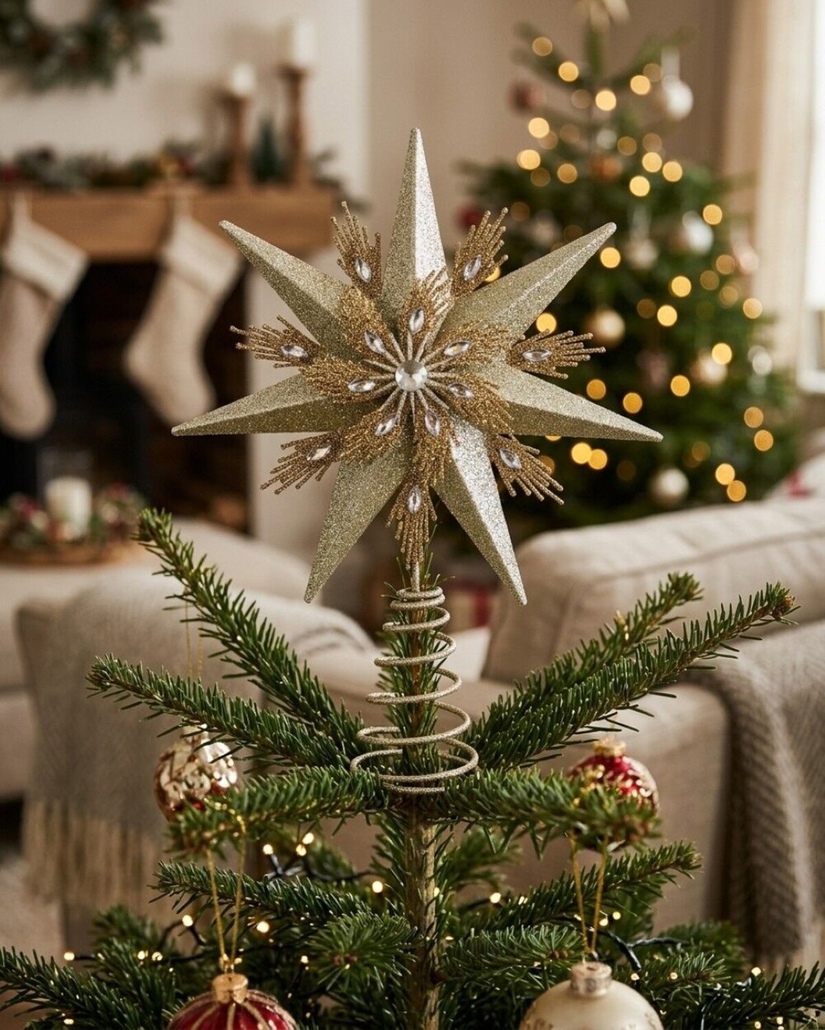 Large Champagne & Gold Glitter Layered Christmas Tree Topper | 33cm — image 4