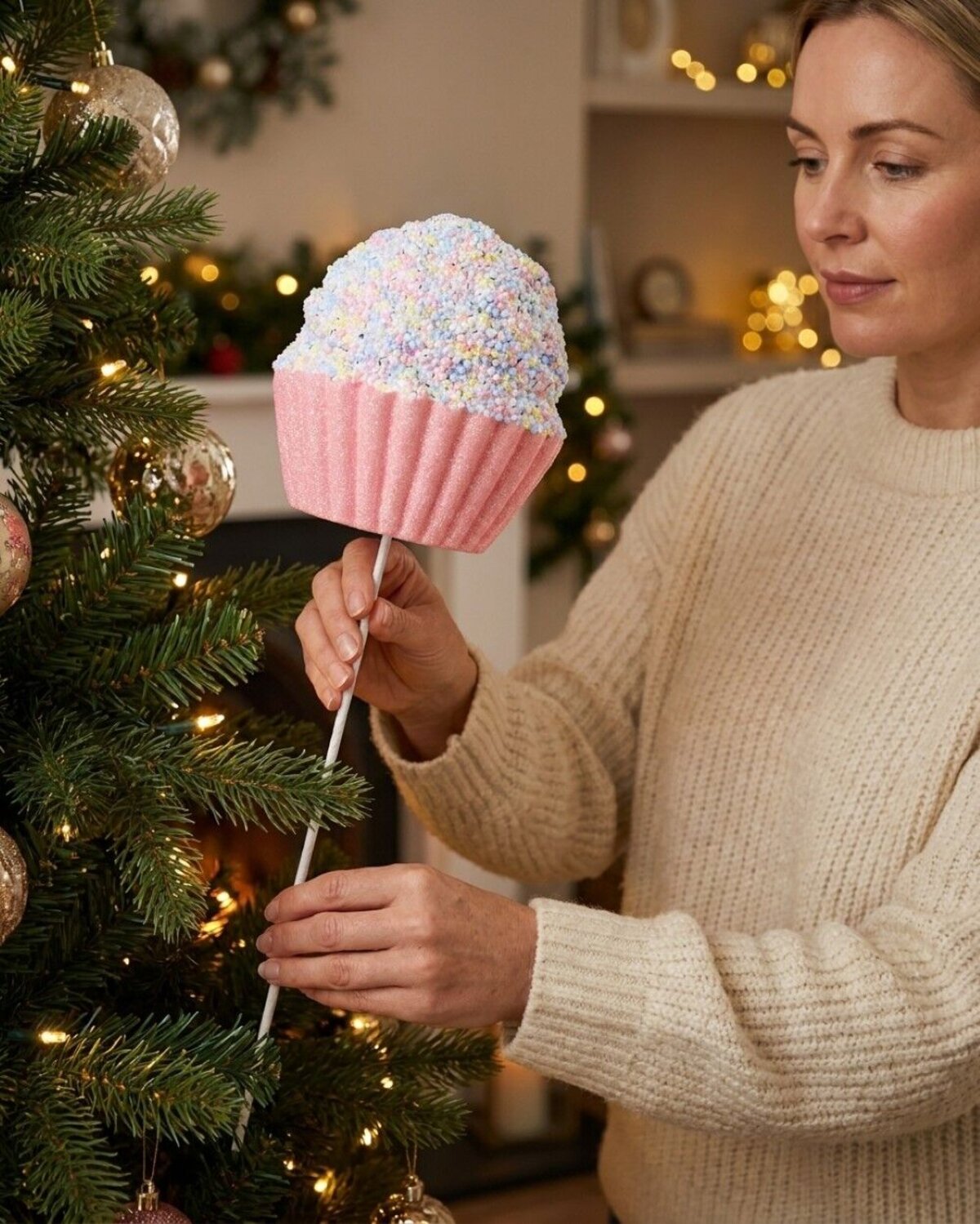 Pink Cupcake With Pastel Sprinkles & Silver Tinsel Long Christmas Stem | 71cm — image 3