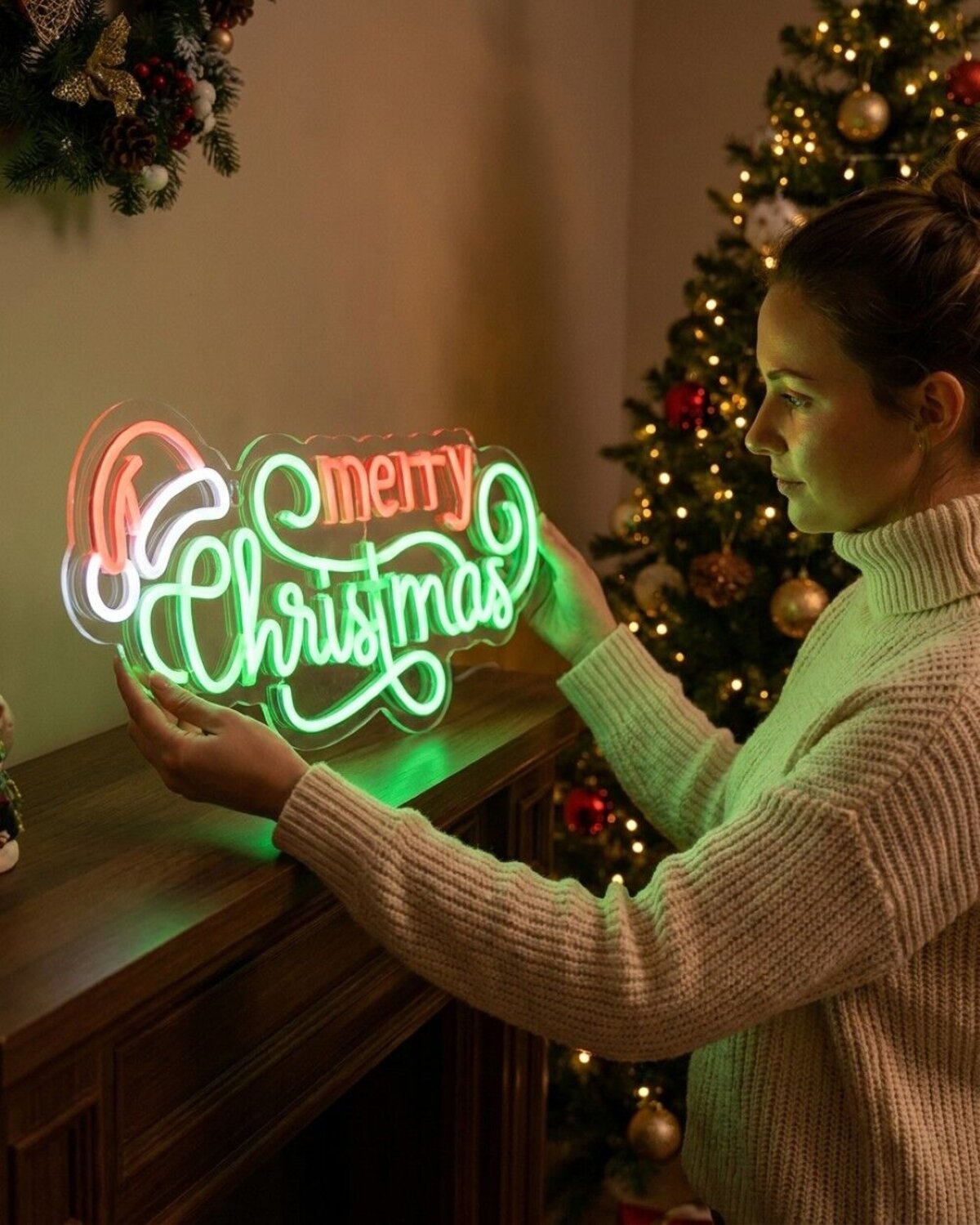 42cm Merry Christmas & Santa Hat Neon LED Display On Acrylic Board — image 3