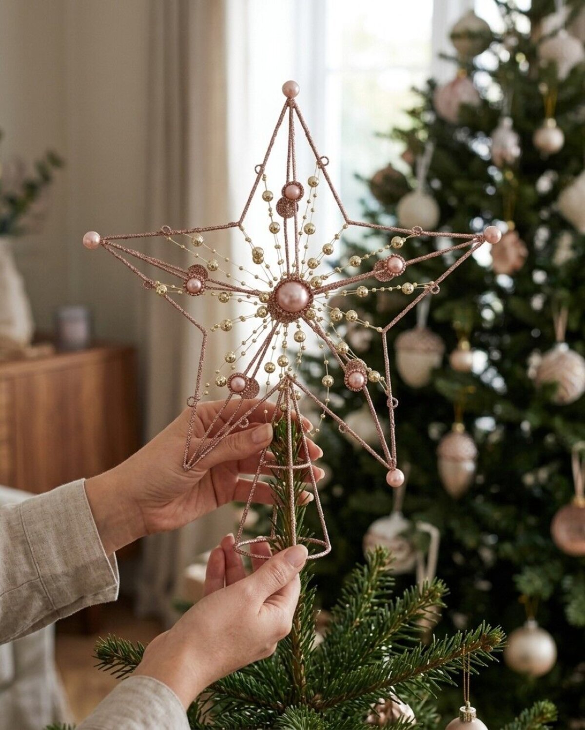 Large Pink Glitter 3D Star Christmas Tree Topper With Pearls | 33cm — image 4