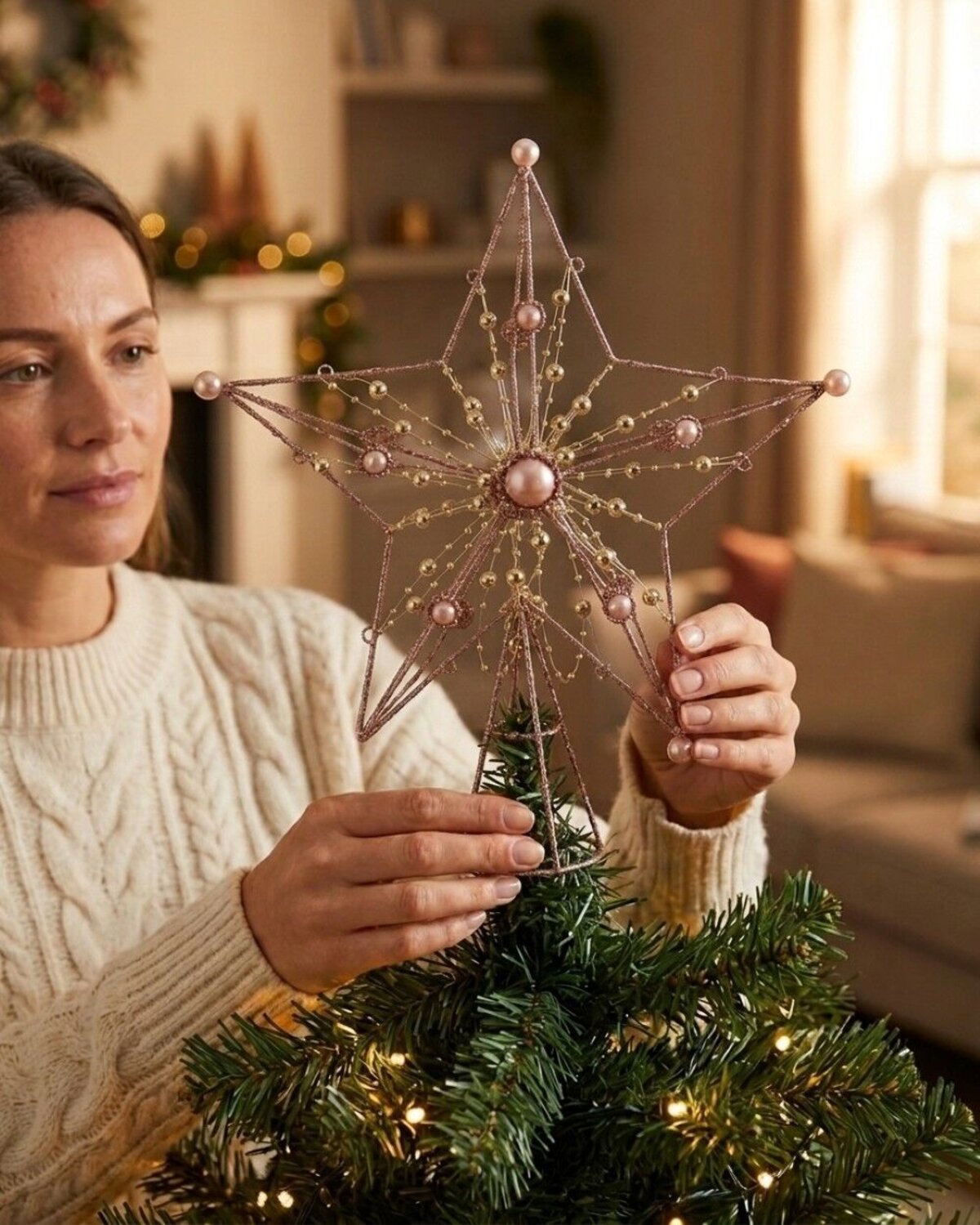 Large Pink Glitter 3D Star Christmas Tree Topper With Pearls | 33cm — image 3