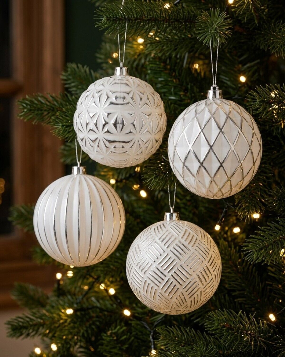 4x Dynamic White & Silver Signature Multi Textured Baubles | 10cm — image 2