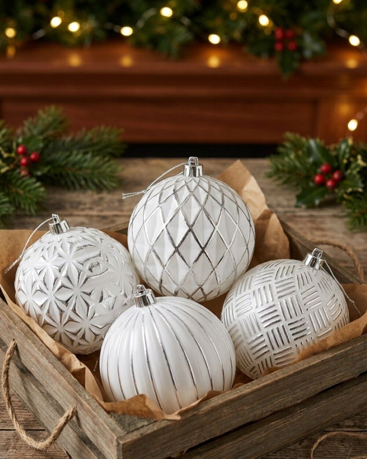 4x Dynamic White & Silver Signature Multi Textured Baubles | 10cm — image 5