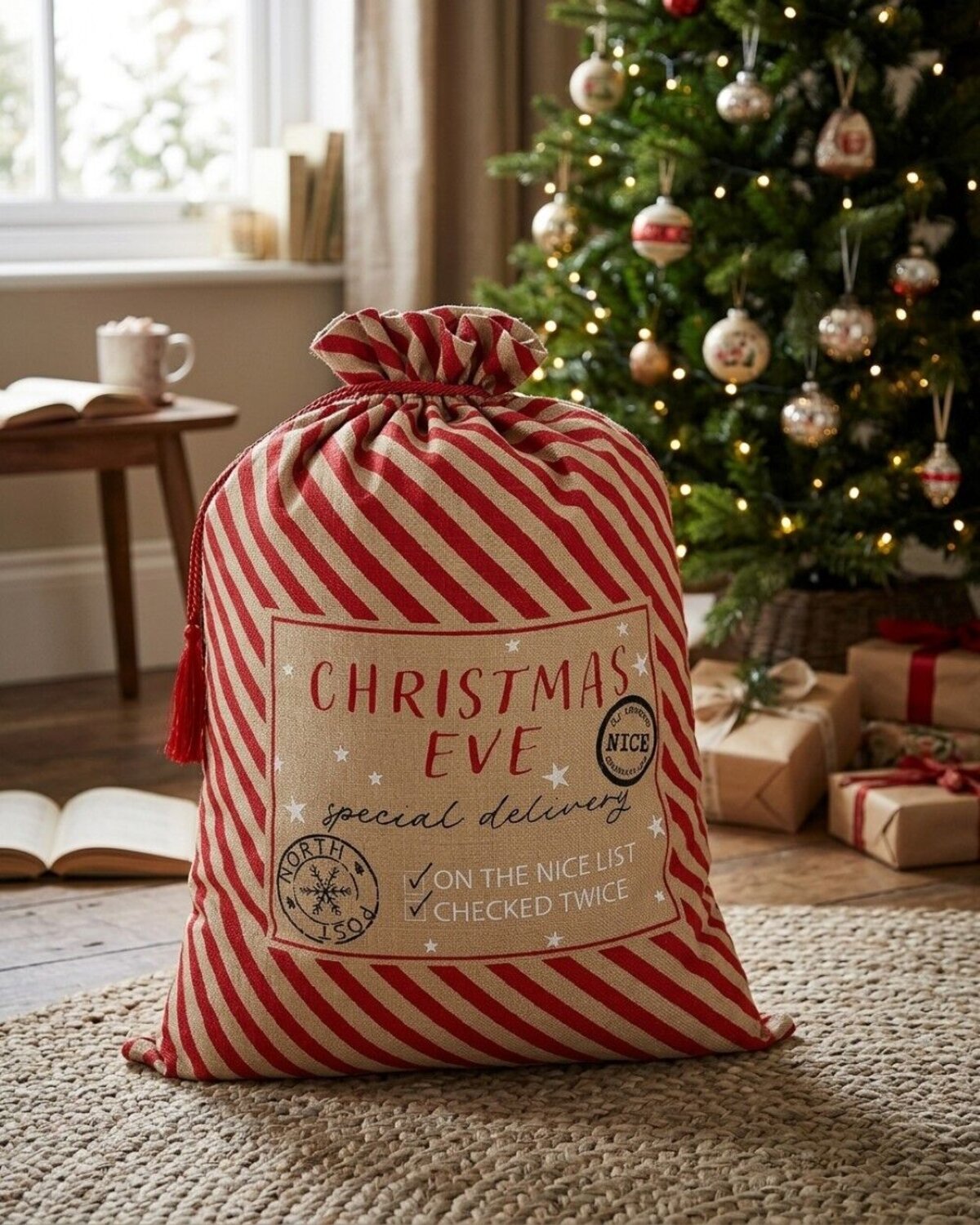 Natural Jute Red Striped Special Delivery Christmas Eve Santa Sack | 70cm — image 4