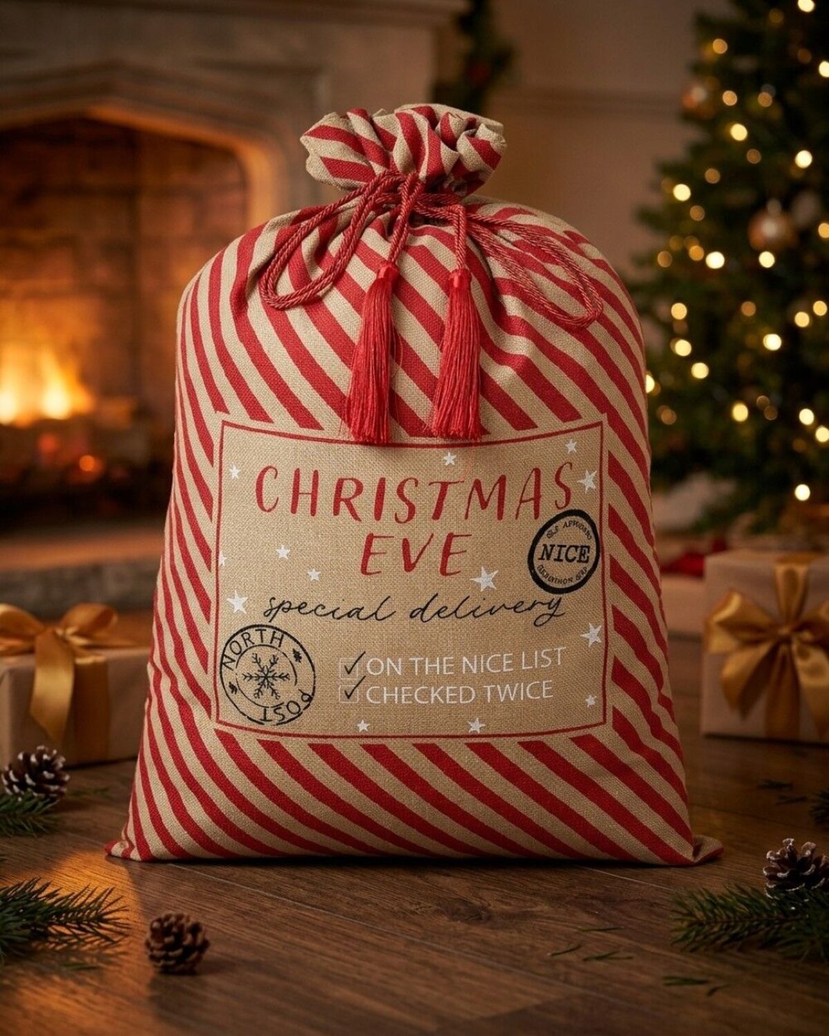 Natural Jute Red Striped Special Delivery Christmas Eve Santa Sack | 70cm — image 2