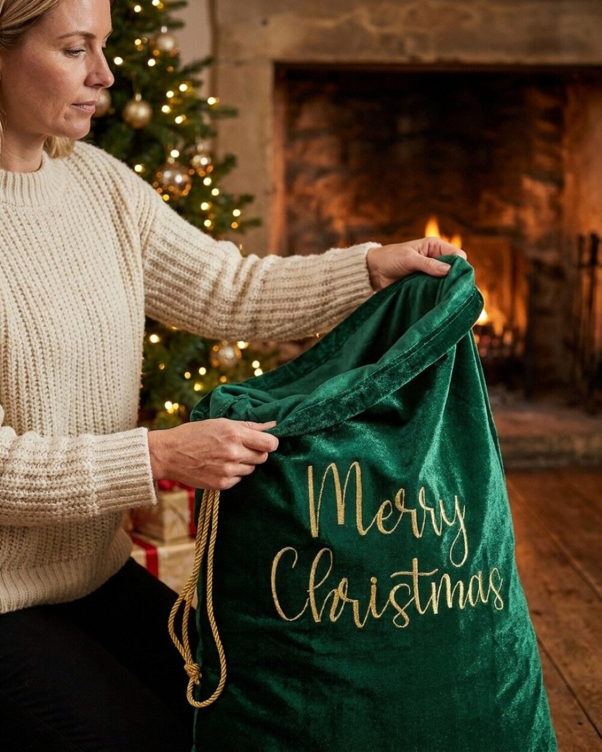 Large Dark Green Velvet Merry Christmas Gold Embroidered Santa Sack | 88cm — image 3