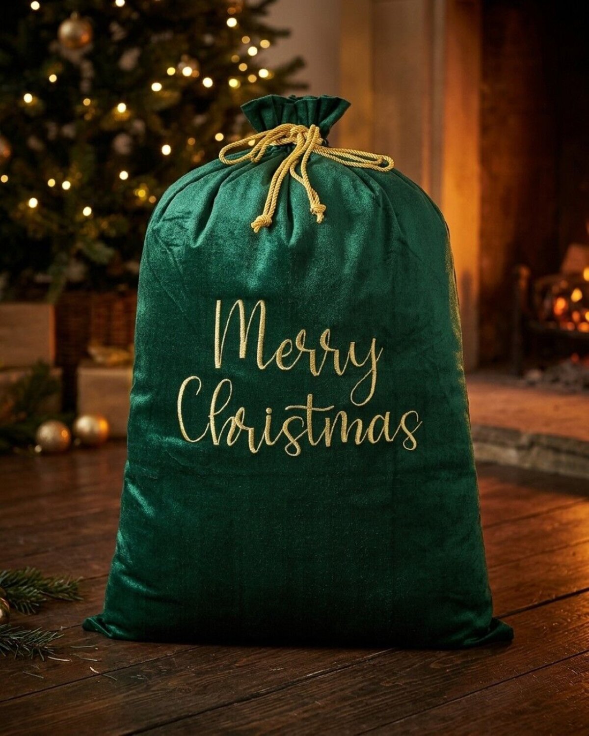 Large Dark Green Velvet Merry Christmas Gold Embroidered Santa Sack | 88cm — image 2
