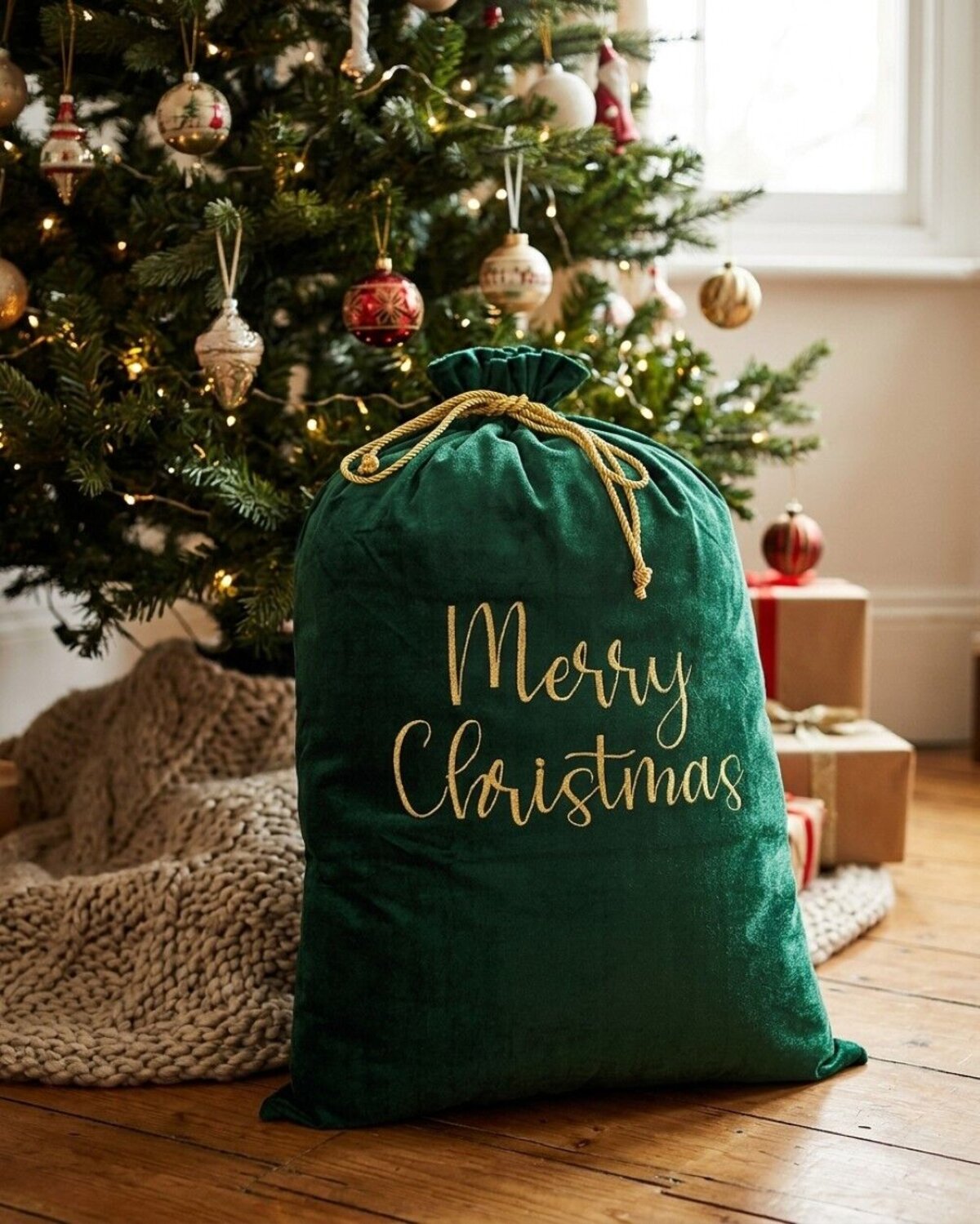 Large Dark Green Velvet Merry Christmas Gold Embroidered Santa Sack | 88cm — image 4