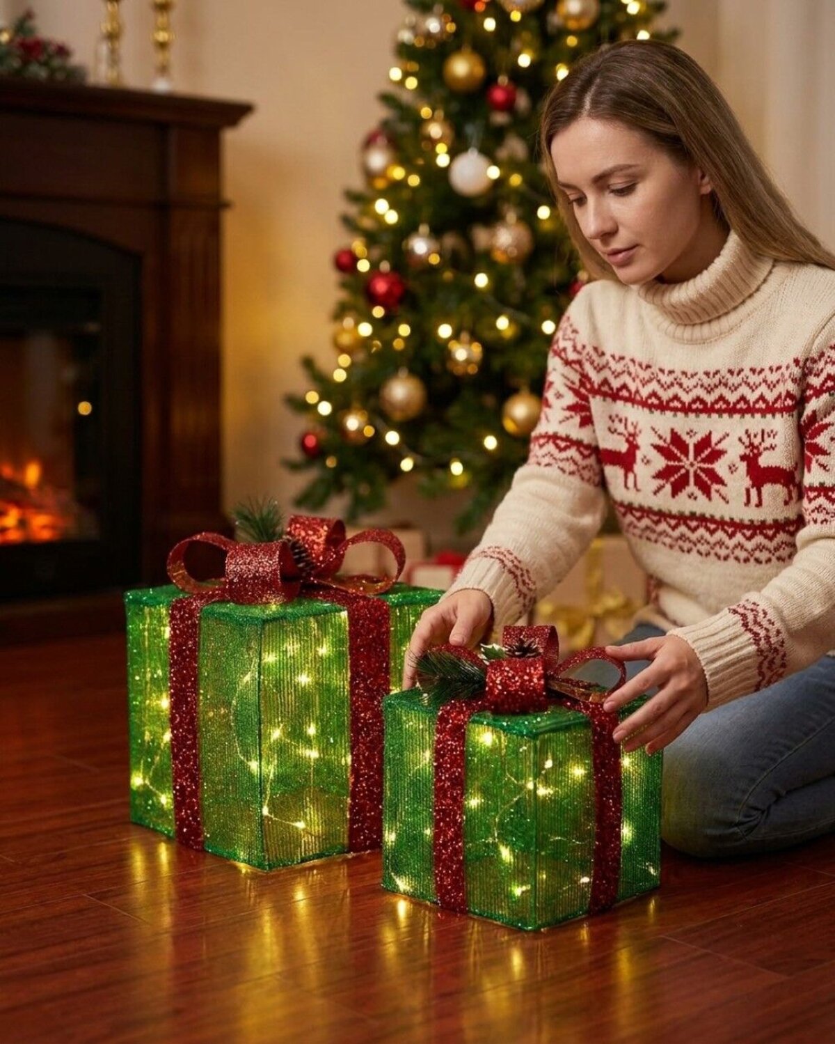 Green Glitter Mesh 3D Gift Box LED Display Set | 25cm & 20cm — image 3