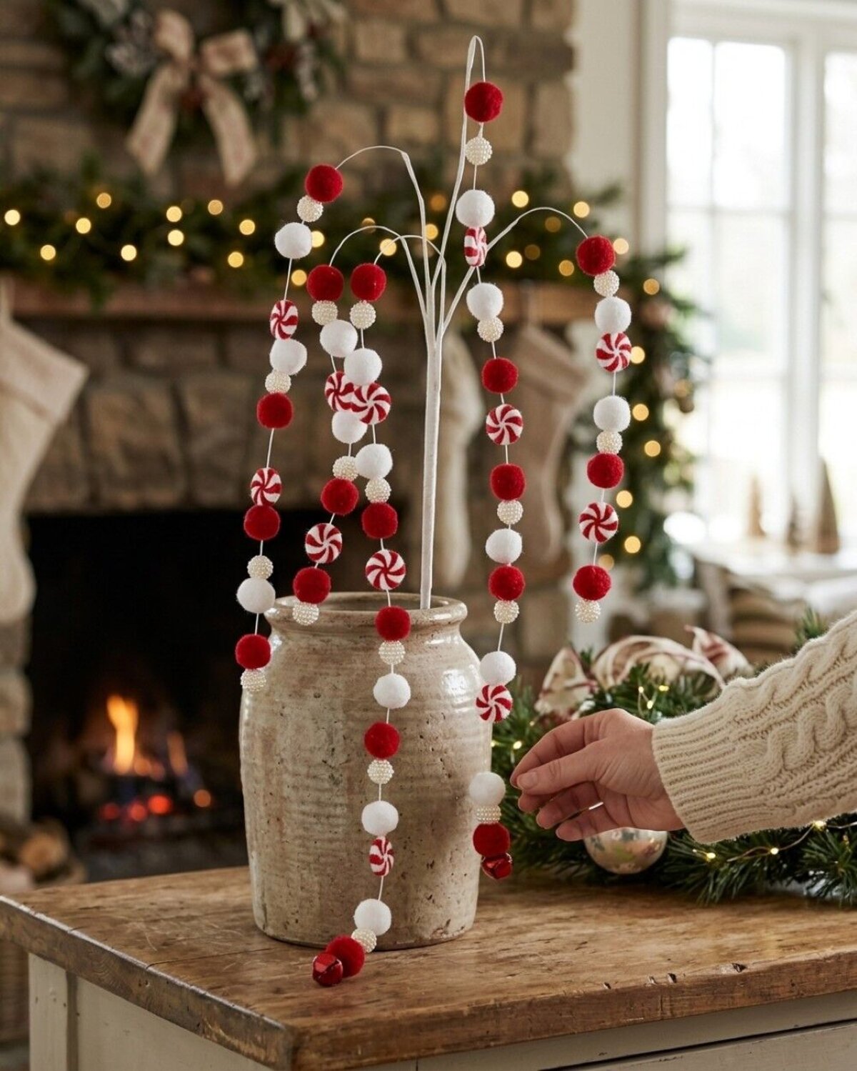 Red & White Candy Balls & Bells Weeping Willow Long Christmas Stem | 65cm — image 4