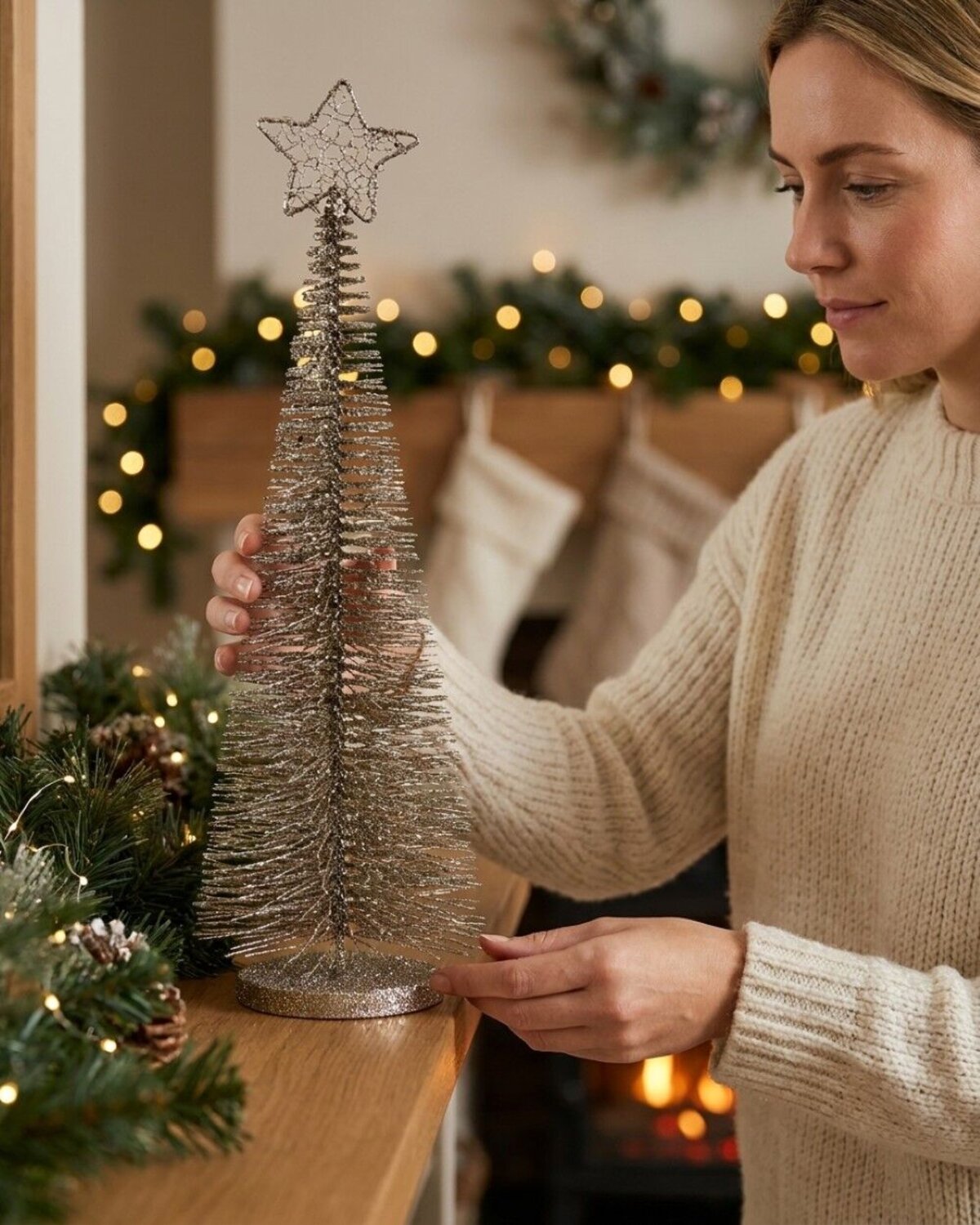 45cm Glitter Frost Champagne Wire Tabletop Tree Ornament — image 3