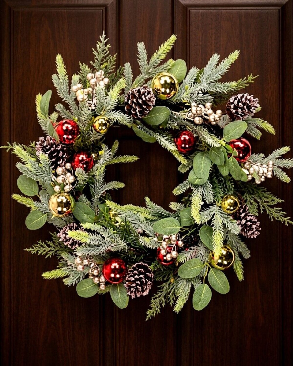 60cm Decorated Cedar & Mixed Foliage Christmas Wreath | Red & Gold Baubles — image 2