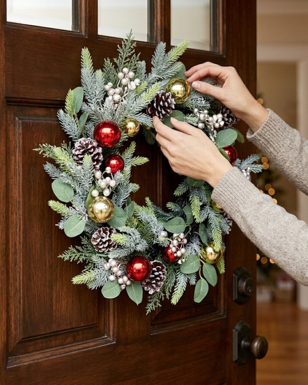 60cm Decorated Cedar & Mixed Foliage Christmas Wreath | Red & Gold Baubles — image 4