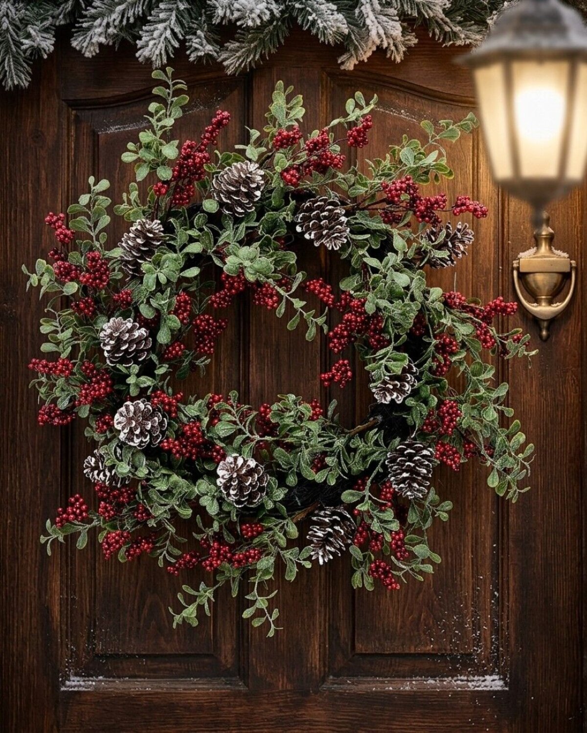 55cm Boxwood & Red Berry Christmas Vine Wreath | Snow Tipped Pine Cones — image 4