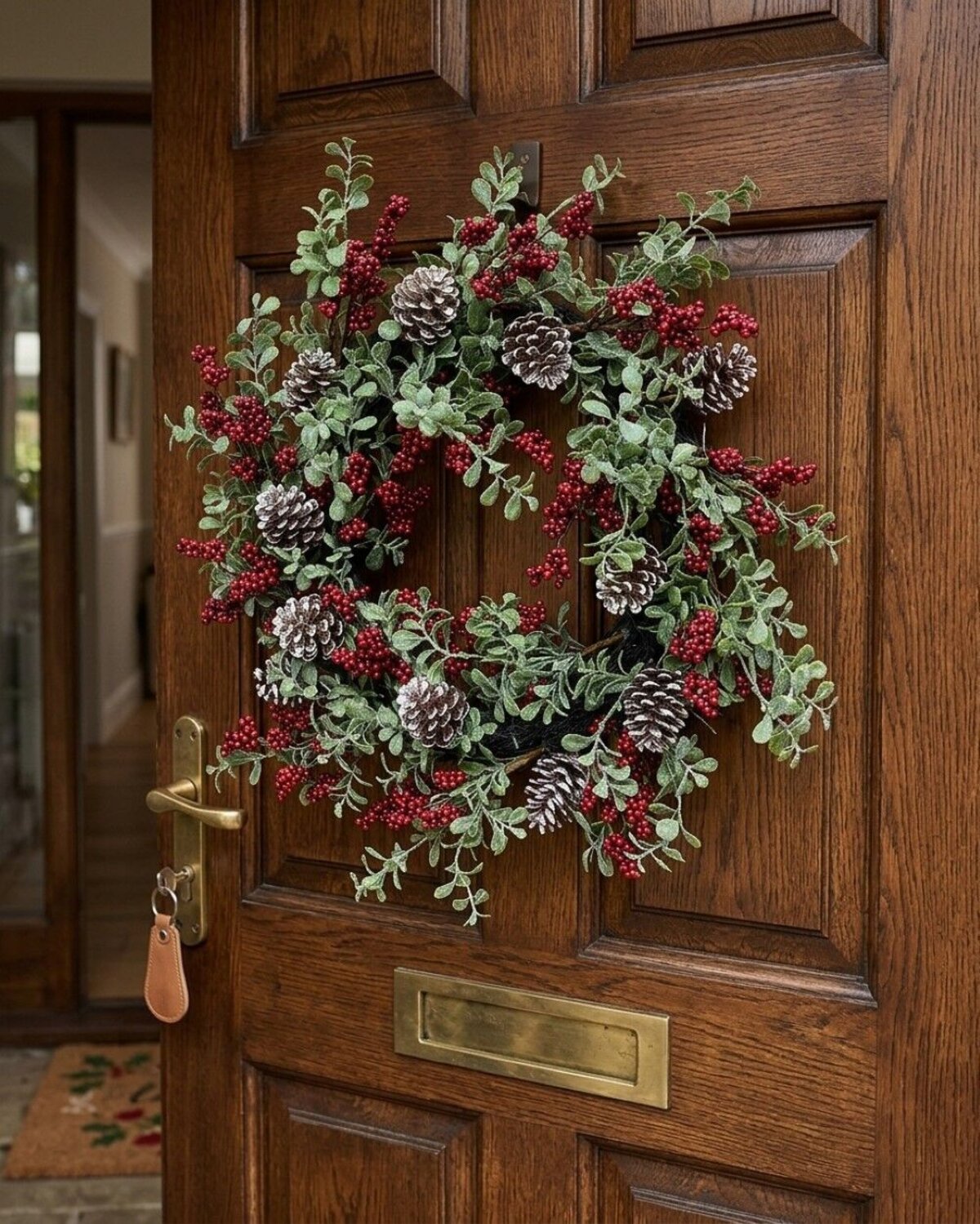 55cm Boxwood & Red Berry Christmas Vine Wreath | Snow Tipped Pine Cones — image 2