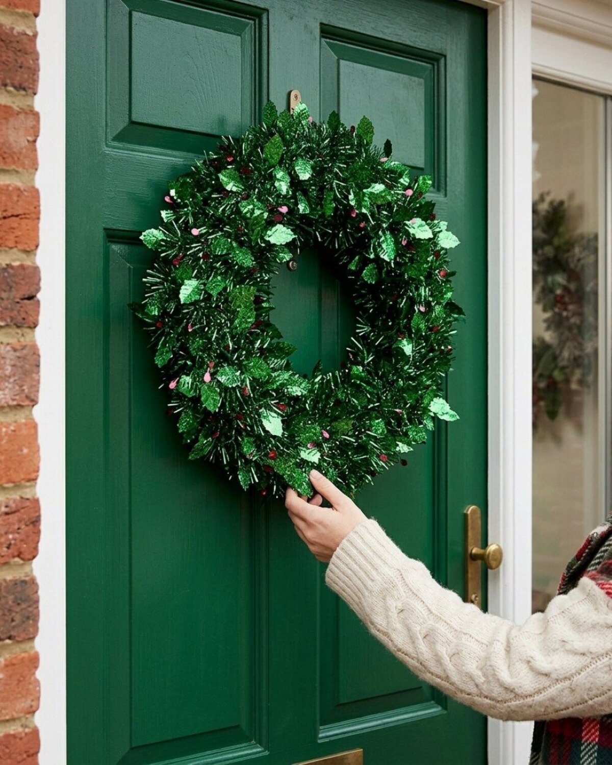 42cm Holly Leaf & Berry Shimmer Tinsel Christmas Wreath — image 4