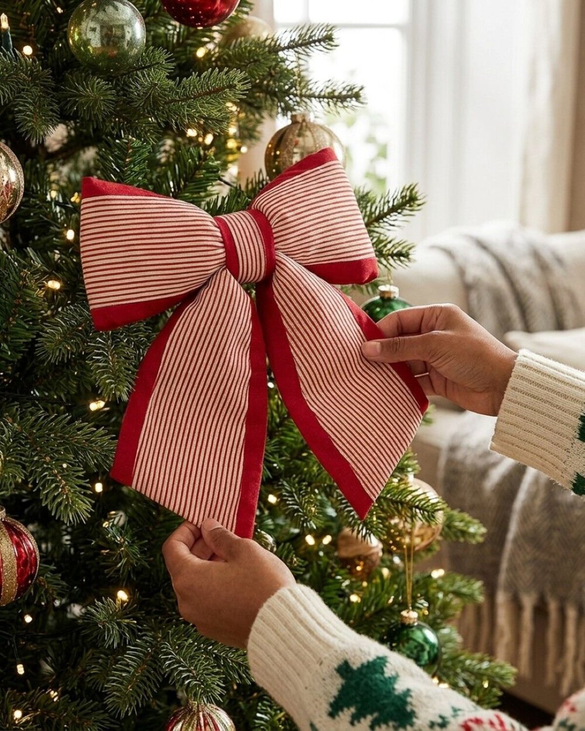 Red & Cream Ticking Stripe Fabric Padded Signature Bow | 51cm — image 4