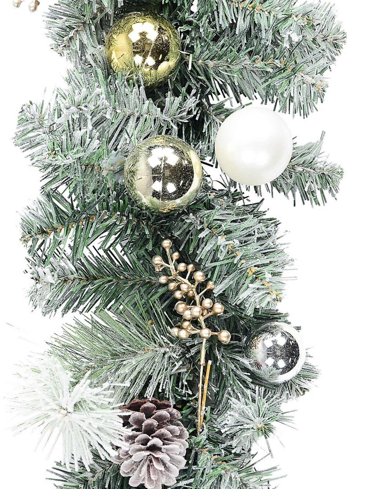 2.7m Decorated Flocked Pine & Spruce Garland | Gold Silver & White Baubles — image 5