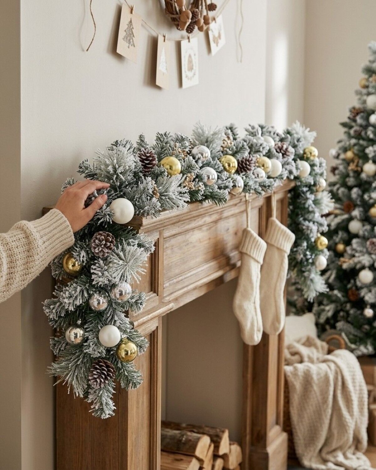 2.7m Decorated Flocked Pine & Spruce Garland | Gold Silver & White Baubles — image 4