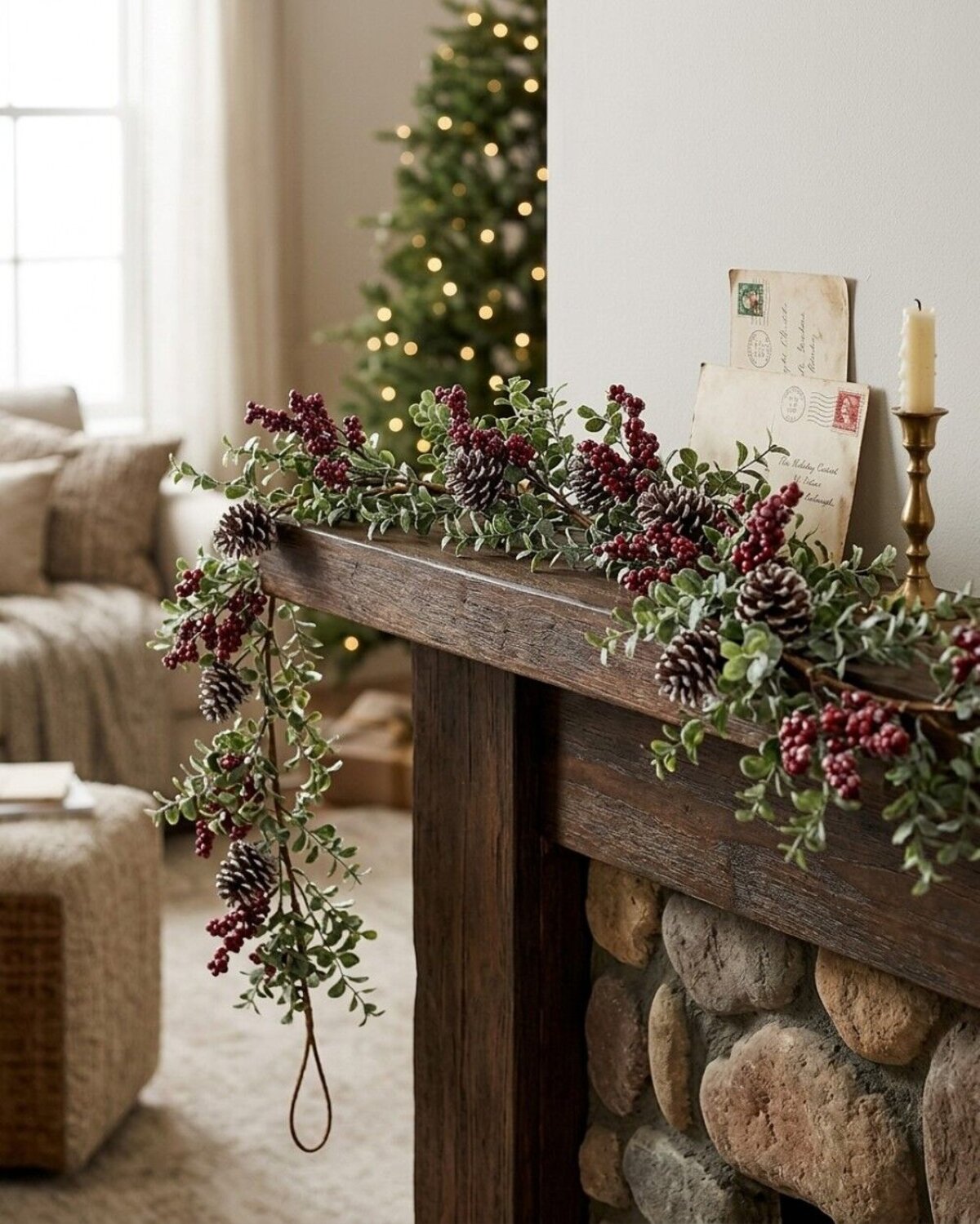 2.7m Boxwood & Red Berry Christmas Vine Garland | Snow Tipped Pine Cones — image 4