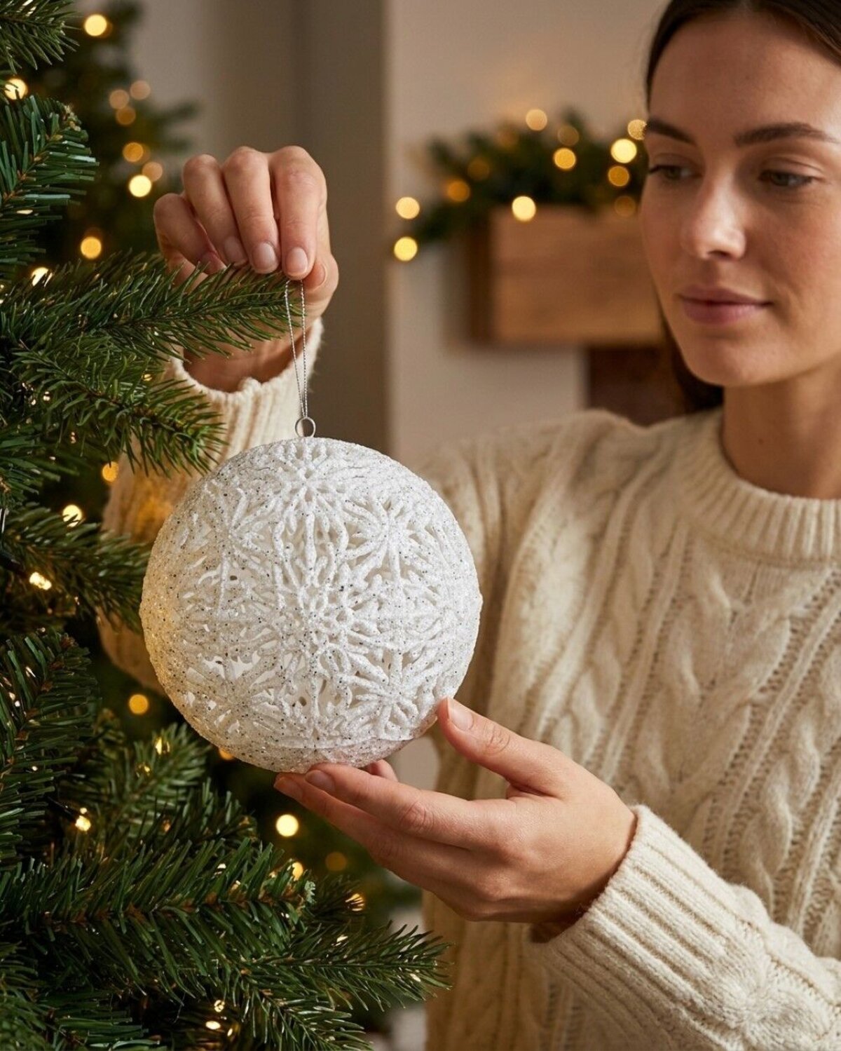 White Whimsical Signature Hollow Silver Glitter Snowflake Bauble | 14cm — image 3