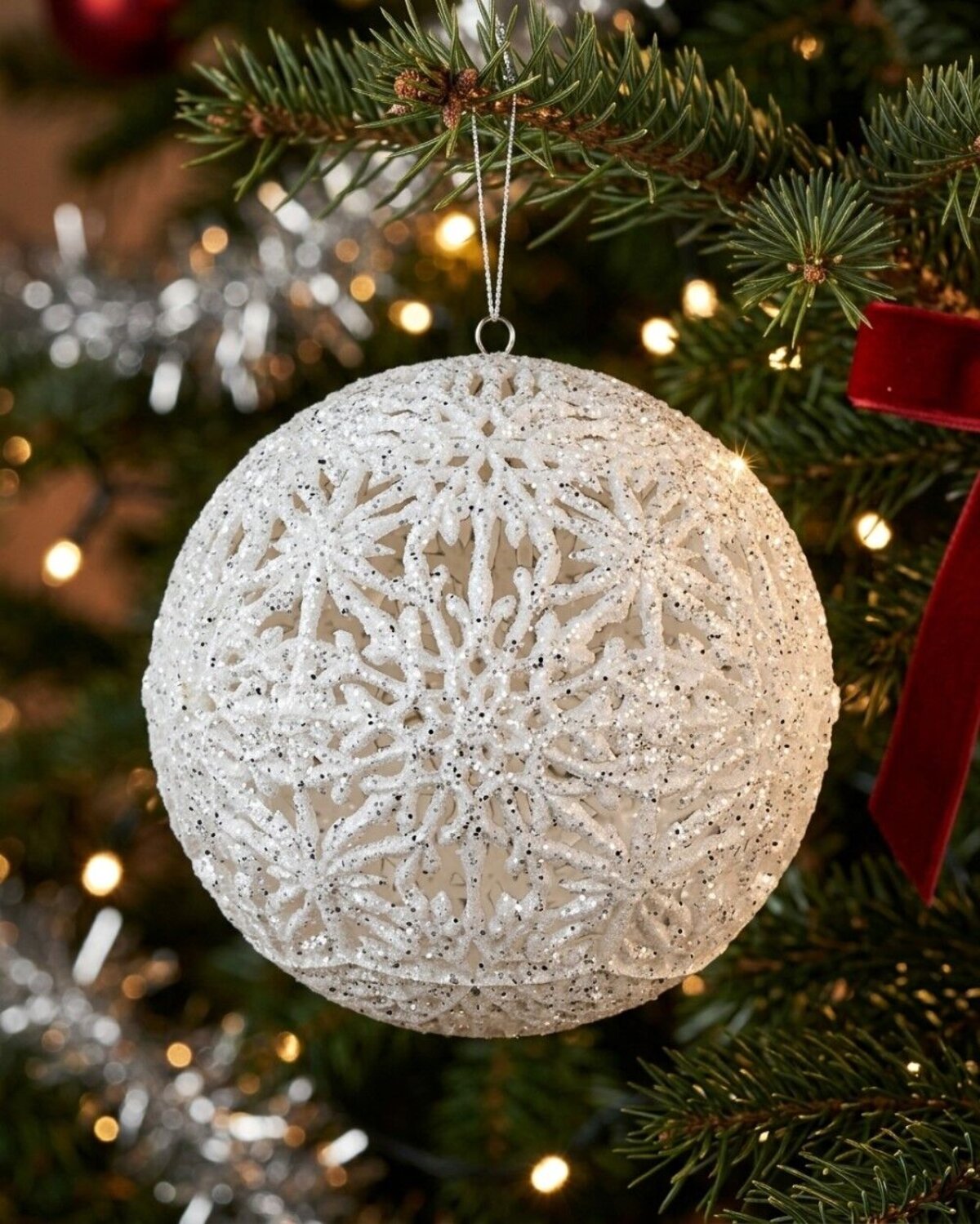 White Whimsical Signature Hollow Silver Glitter Snowflake Bauble | 14cm — image 2