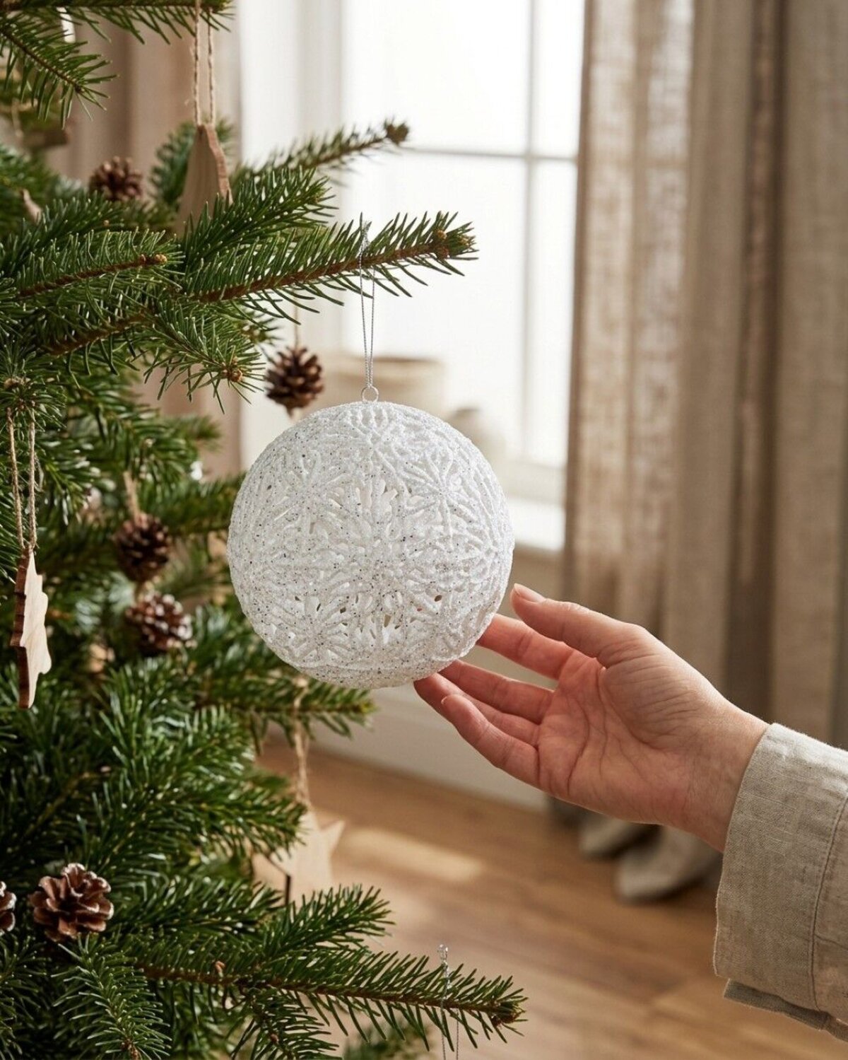 White Whimsical Signature Hollow Silver Glitter Snowflake Bauble | 14cm — image 4