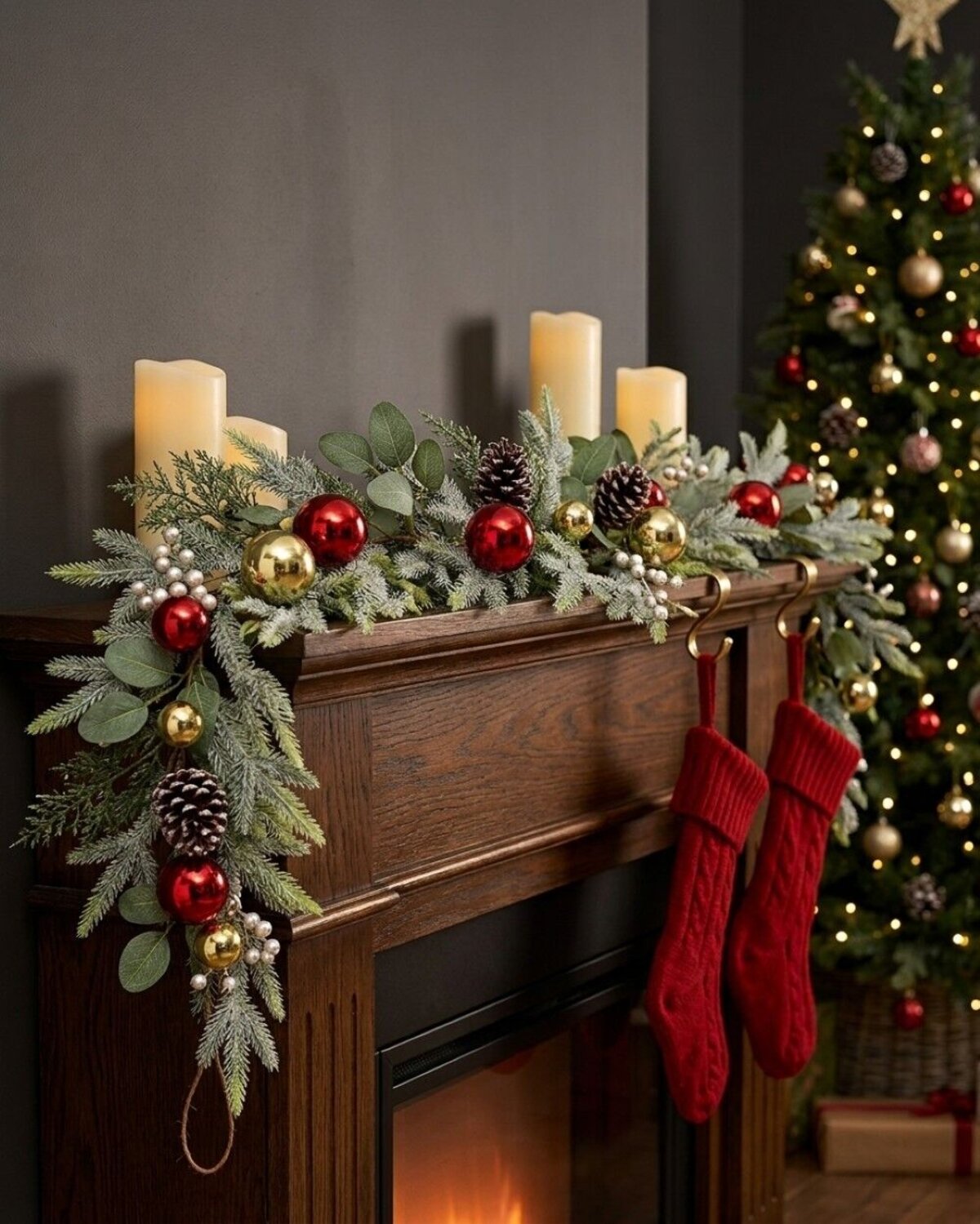 2.7m Decorated Cedar & Mixed Foliage Christmas Garland | Red & Gold Baubles — image 2