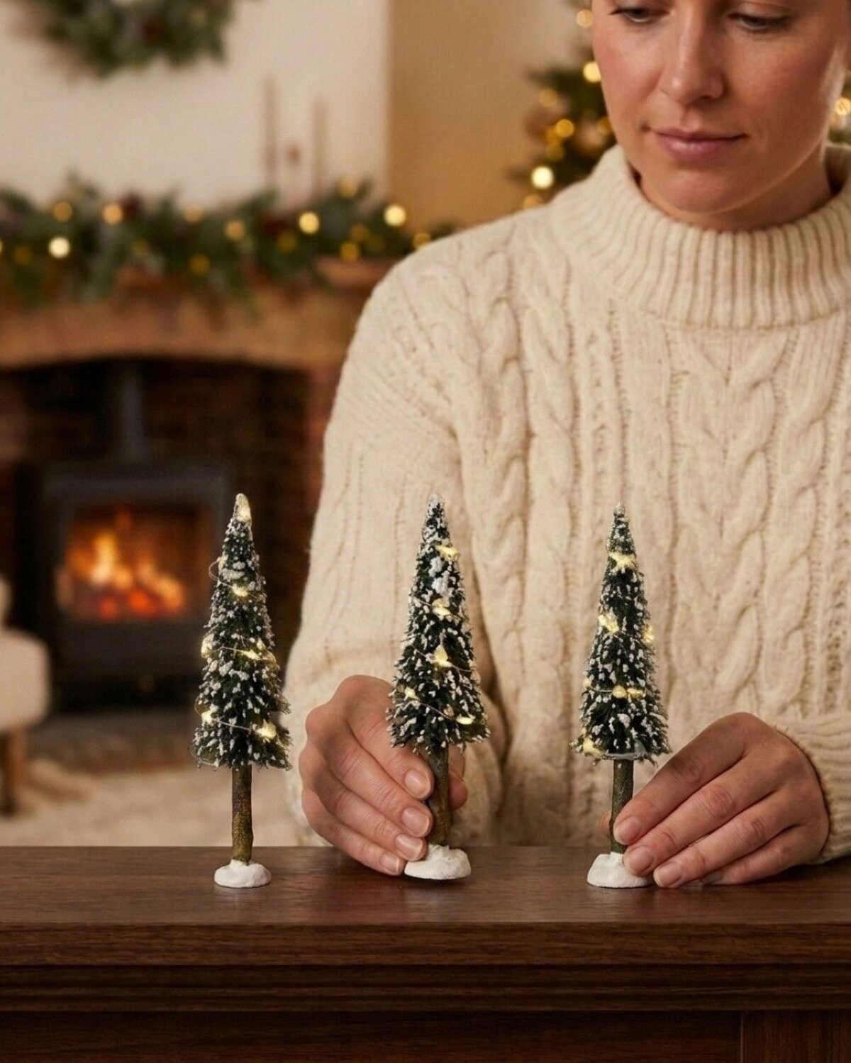 3x Snow Flocked LED Pine Trees Village Scenery | 14cm — image 3