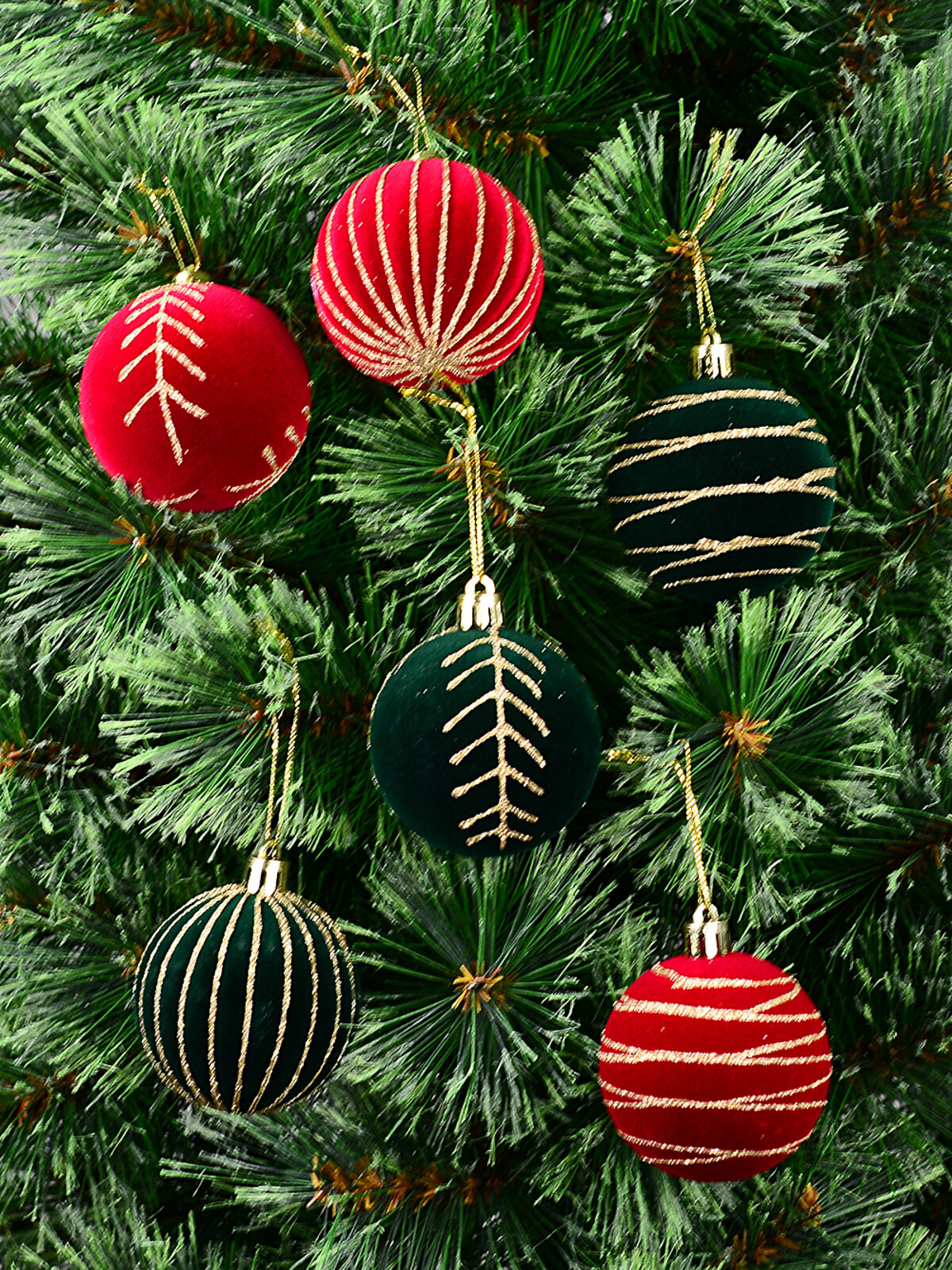 12x Whimsical Red Green & Gold Essential Velvet Glitter Baubles | 60mm