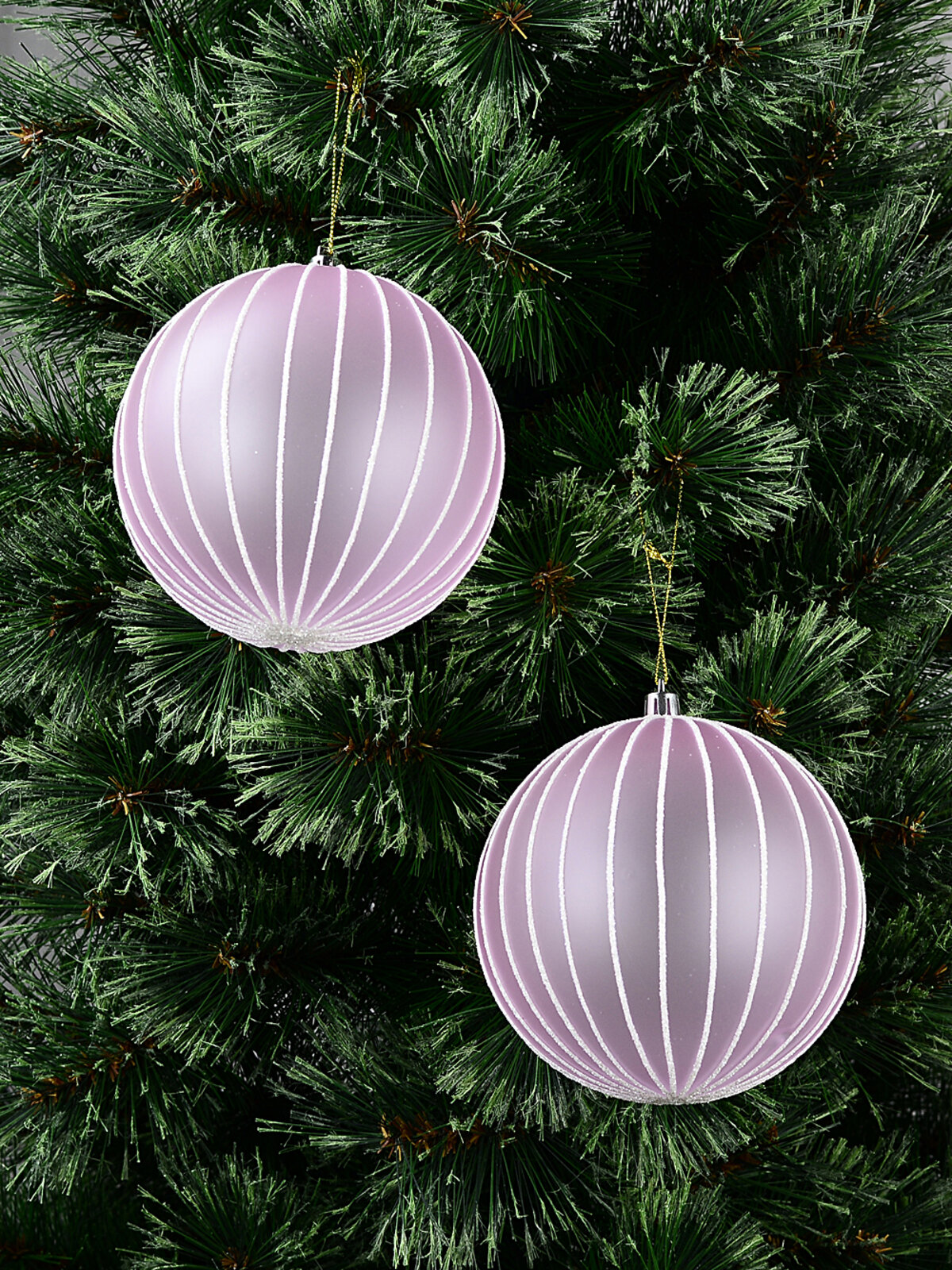2x Lavender Pink Grand Matte Glitter Pinstripe Baubles | 12cm