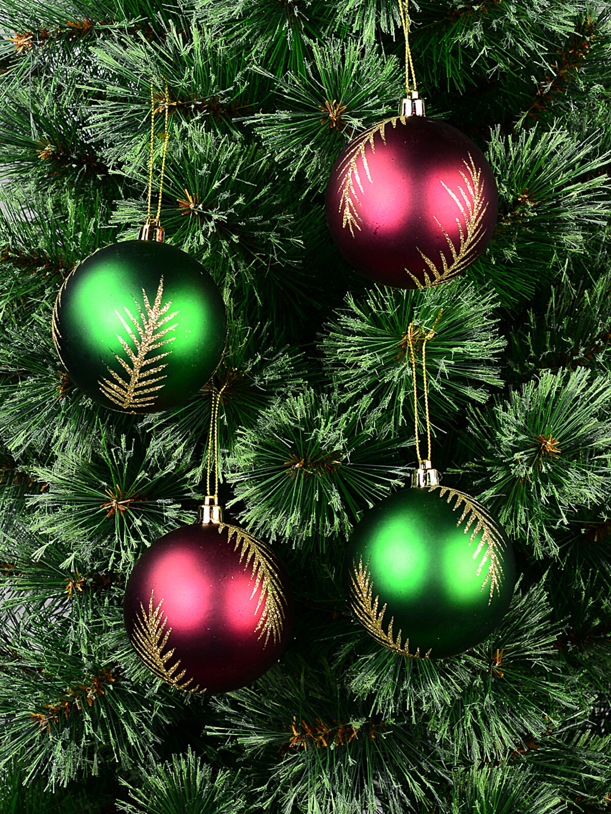 4x Heritage Burgundy & Emerald Signature Satin Botanical Fir Baubles | 80mm
