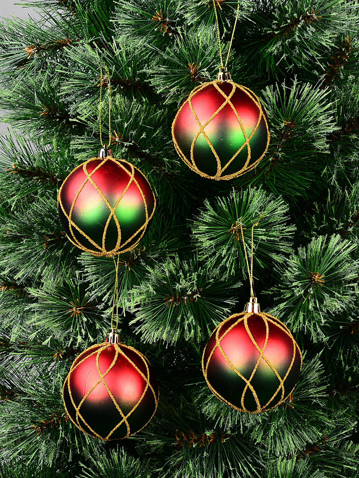 4x Heritage Crimson Red & Midnight Green Signature Gold Bead Baubles | 80mm