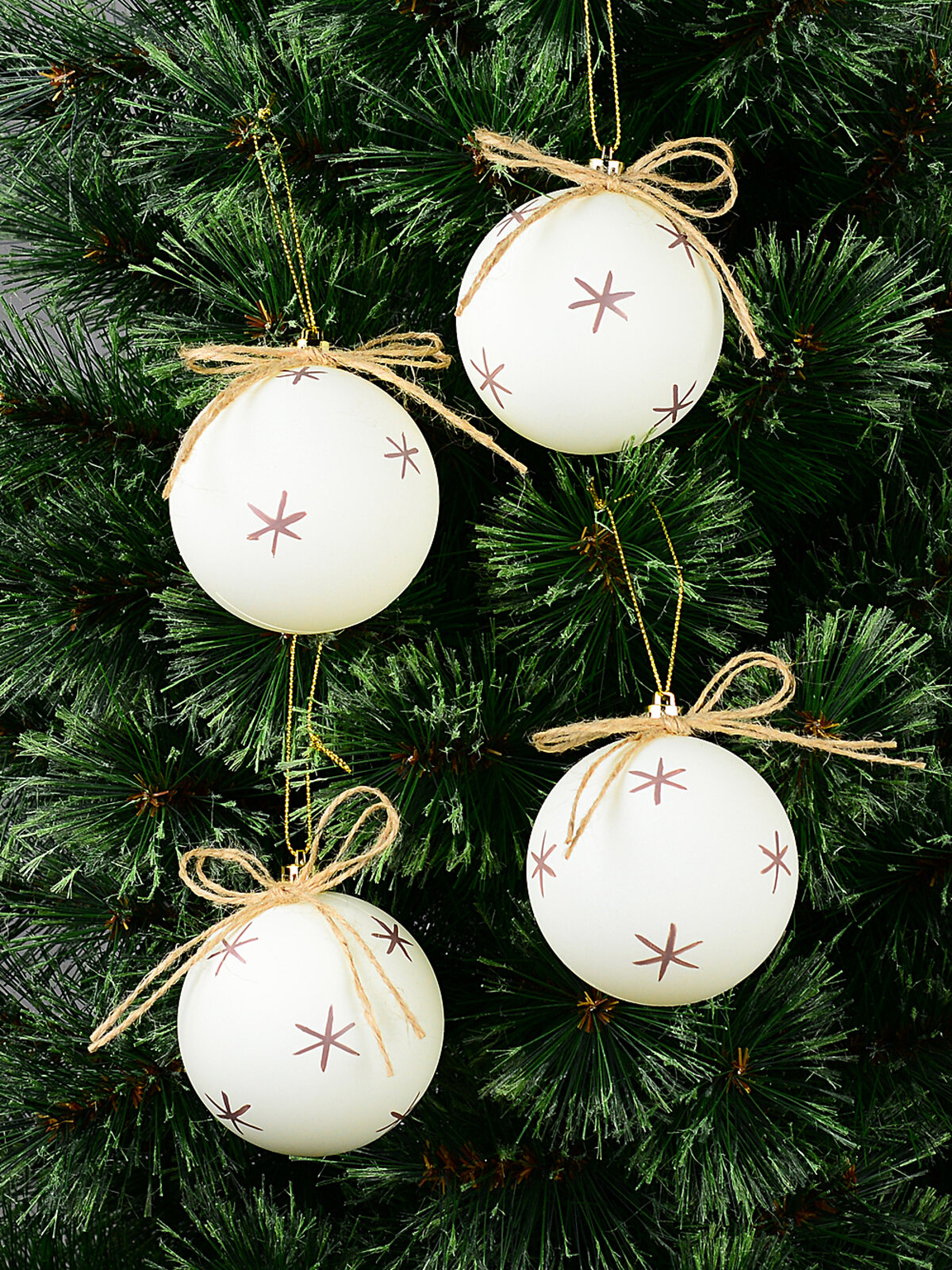 4x Heritage Ivory & Deep Mauve Signature Starburst Jute Bow Baubles | 80mm