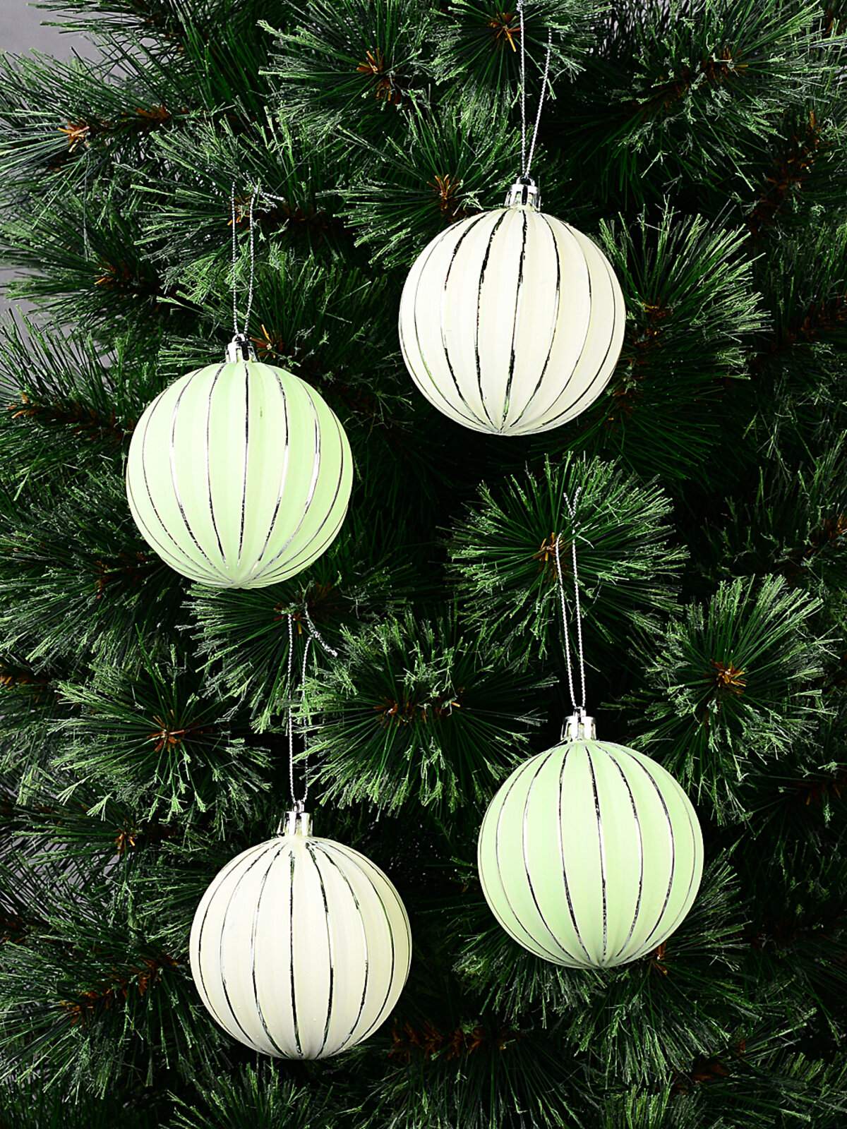 4x Celestial Mint & Cream Signature Ribbed Silver Pinstripe Baubles | 80mm